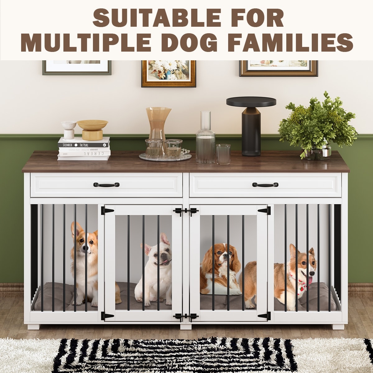 Cage double en bois pour chien avec 2 tiroirs et séparateur