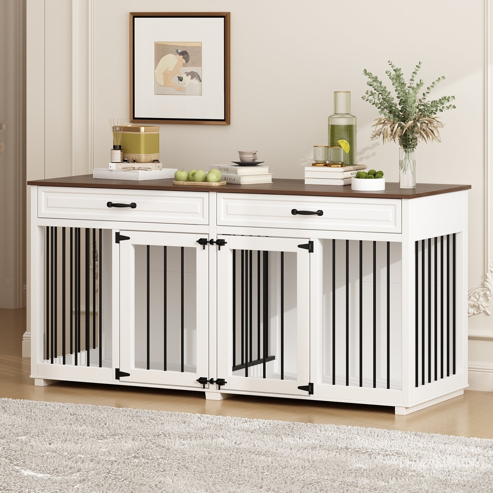 Cage double en bois pour chien avec 2 tiroirs et séparateur