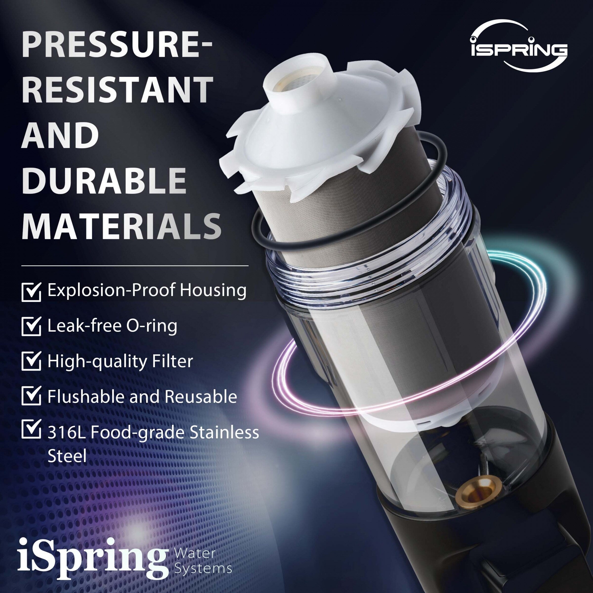 Filtre à eau à sédiments iSpring WSP100ARJ certifié NSF, format géant, réutilisable, avec module de rinçage tactile, 100 microns