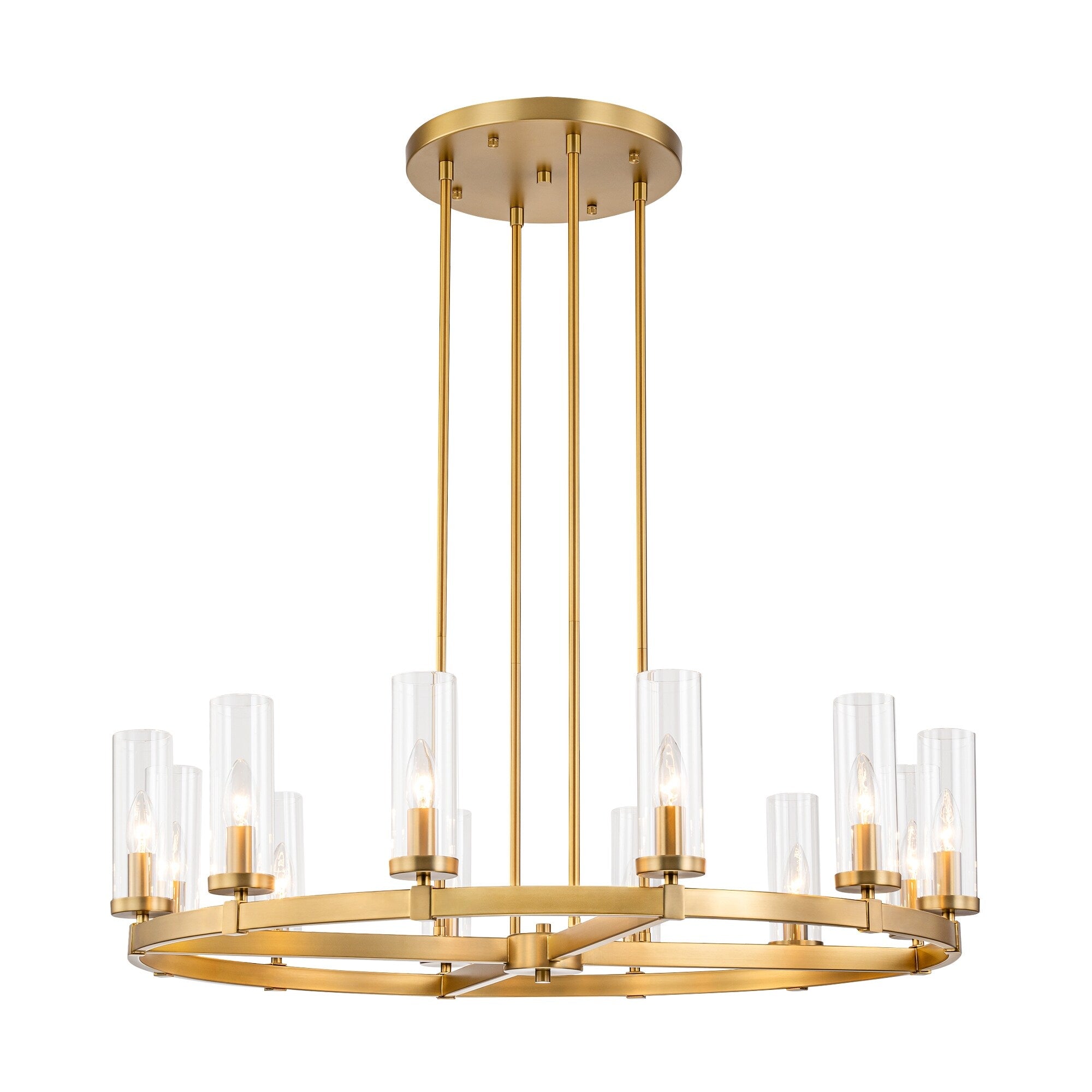 Lustre à 12 lumières en forme de roue de chariot, style moderne du milieu du siècle, en verre transparent, doré/noir, grand modèle