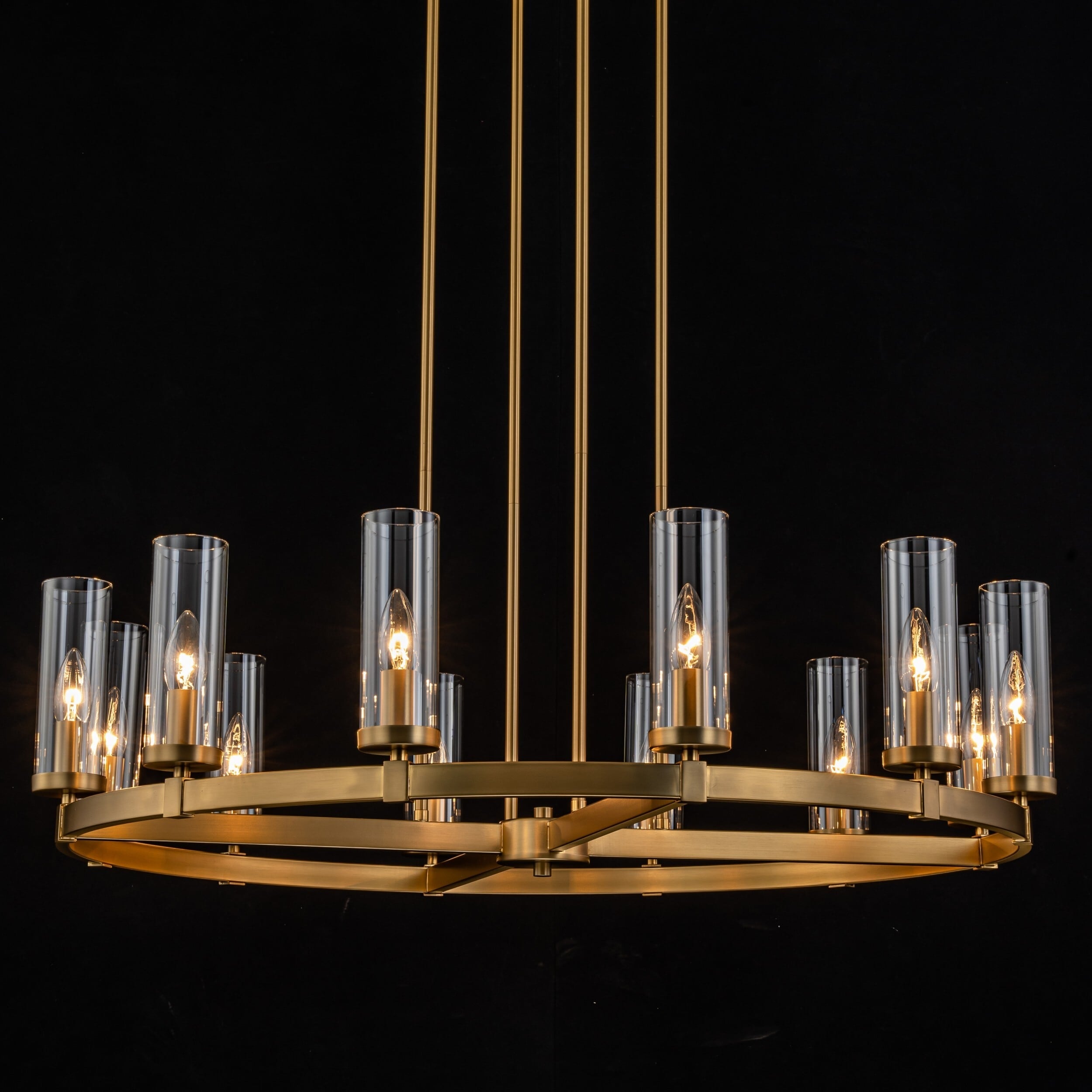 Lustre à 12 lumières en forme de roue de chariot, style moderne du milieu du siècle, en verre transparent, doré/noir, grand modèle