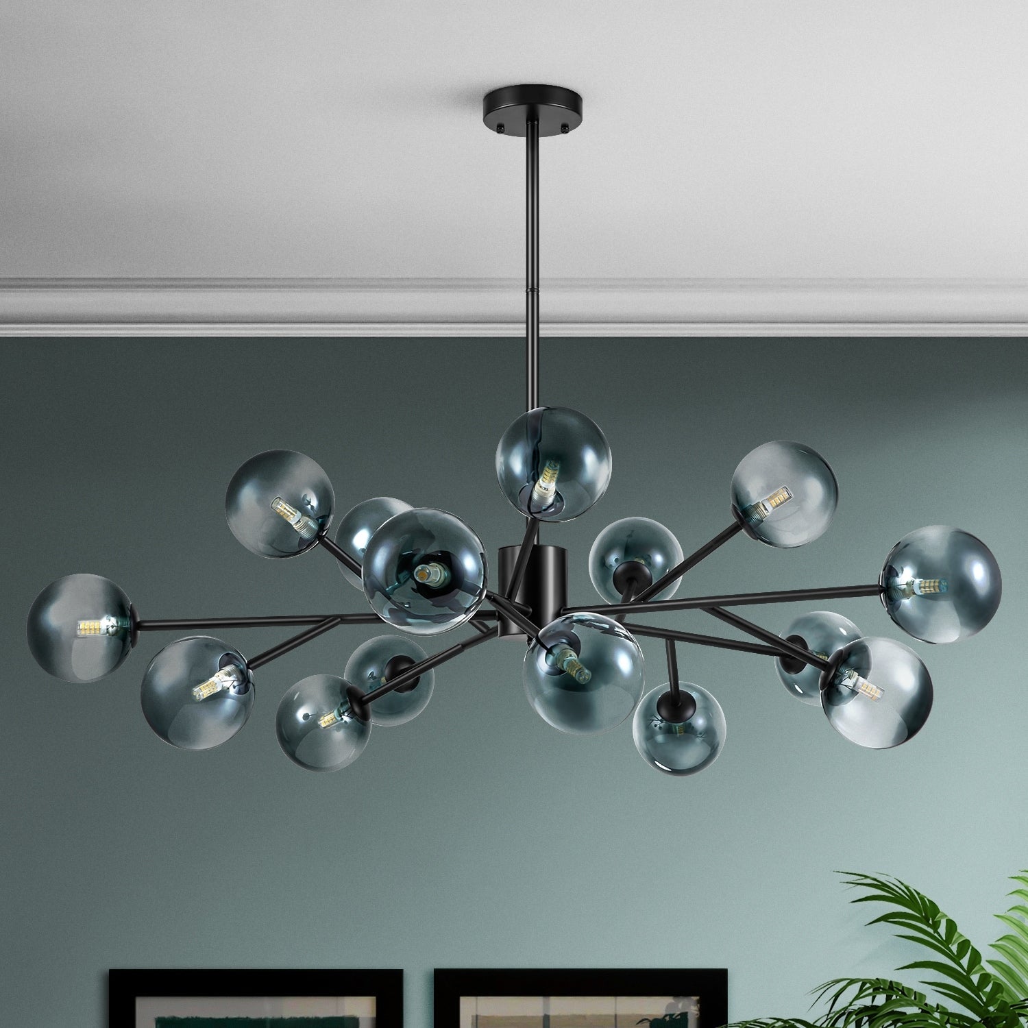 Lustre linéaire moderne à 15 lumières pour îlot de cuisine Sputnik avec branches en verre et bulles