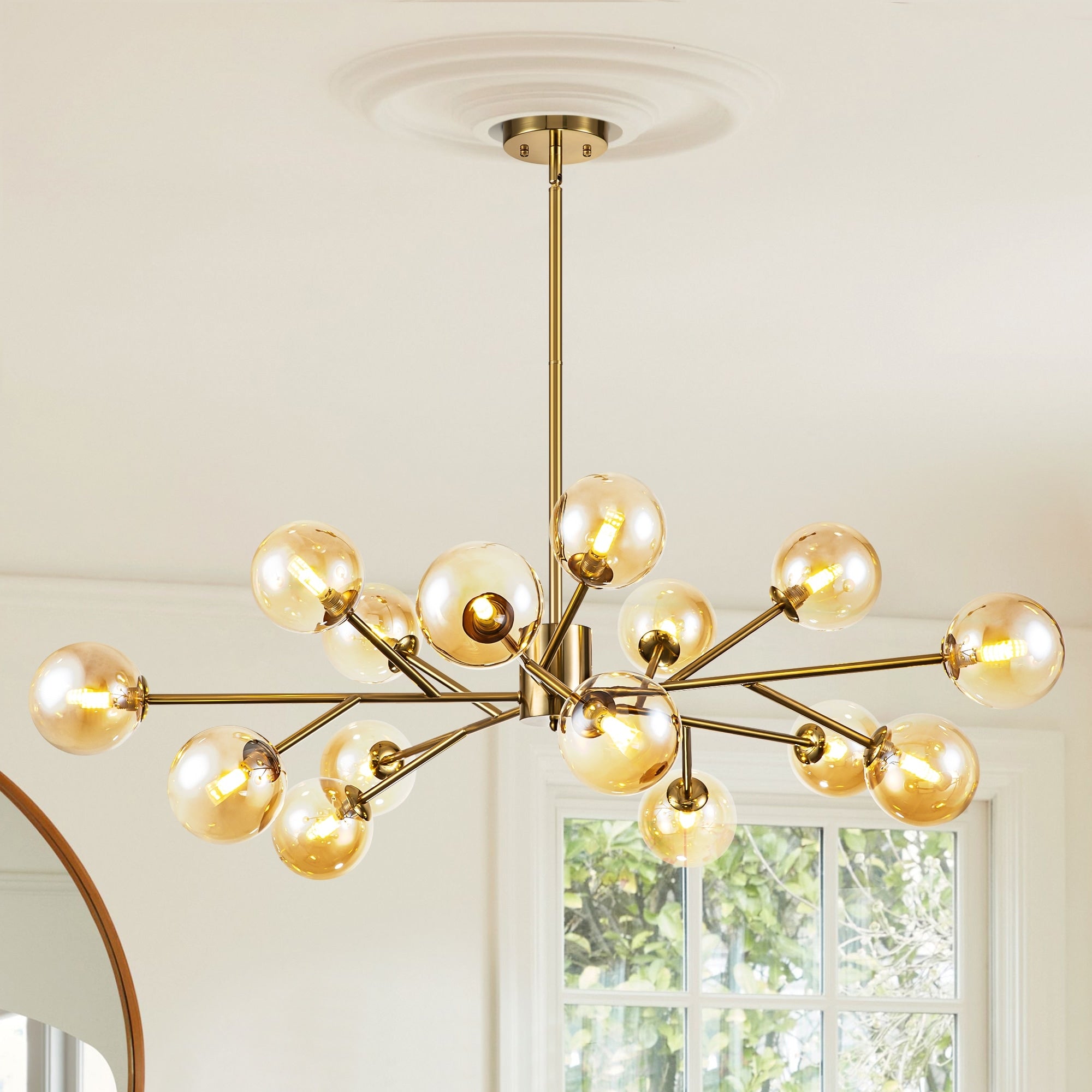 Lustre linéaire moderne à 15 lumières pour îlot de cuisine Sputnik avec branches en verre et bulles