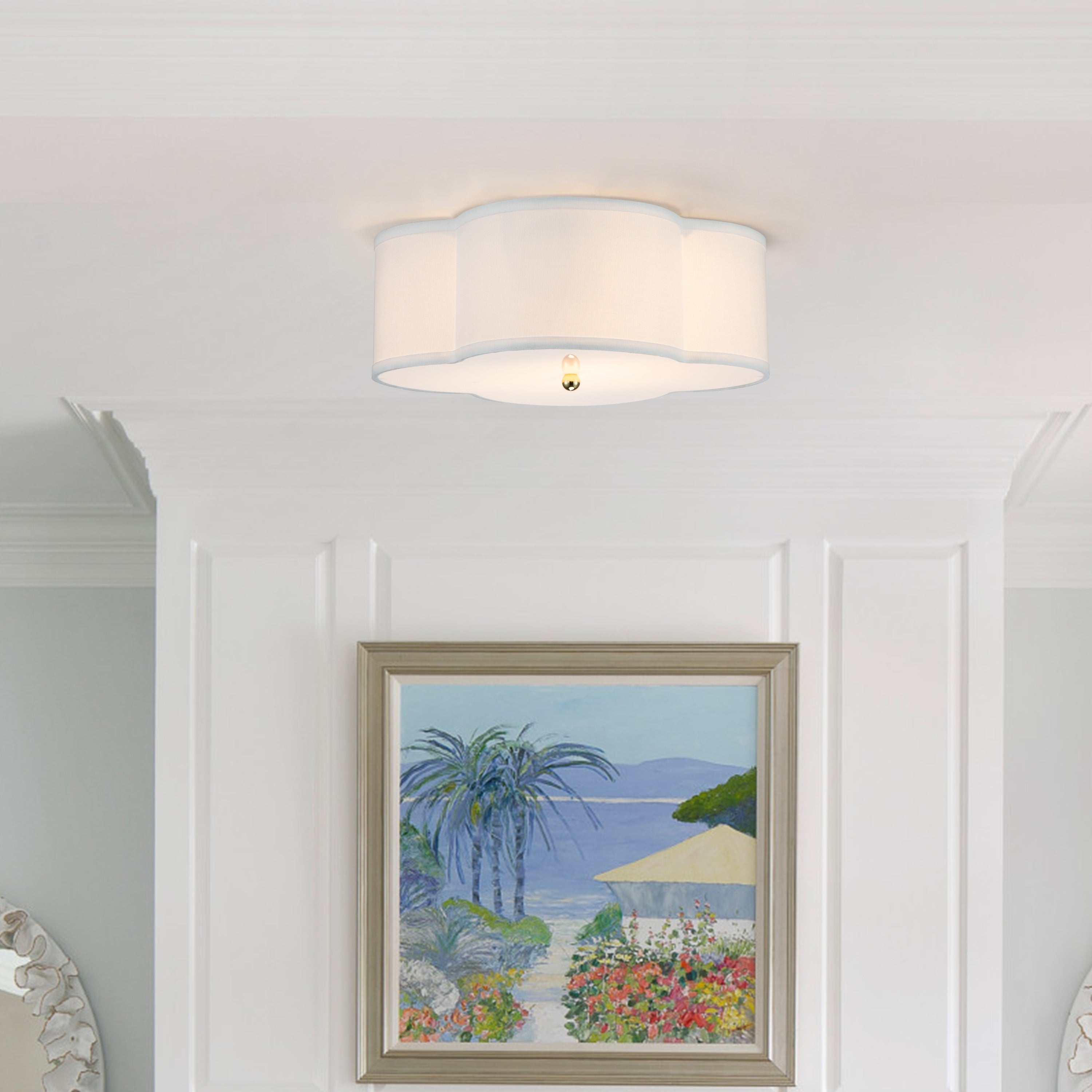 Plafonnier 2 lumières en lin blanc avec diffuseur en acrylique