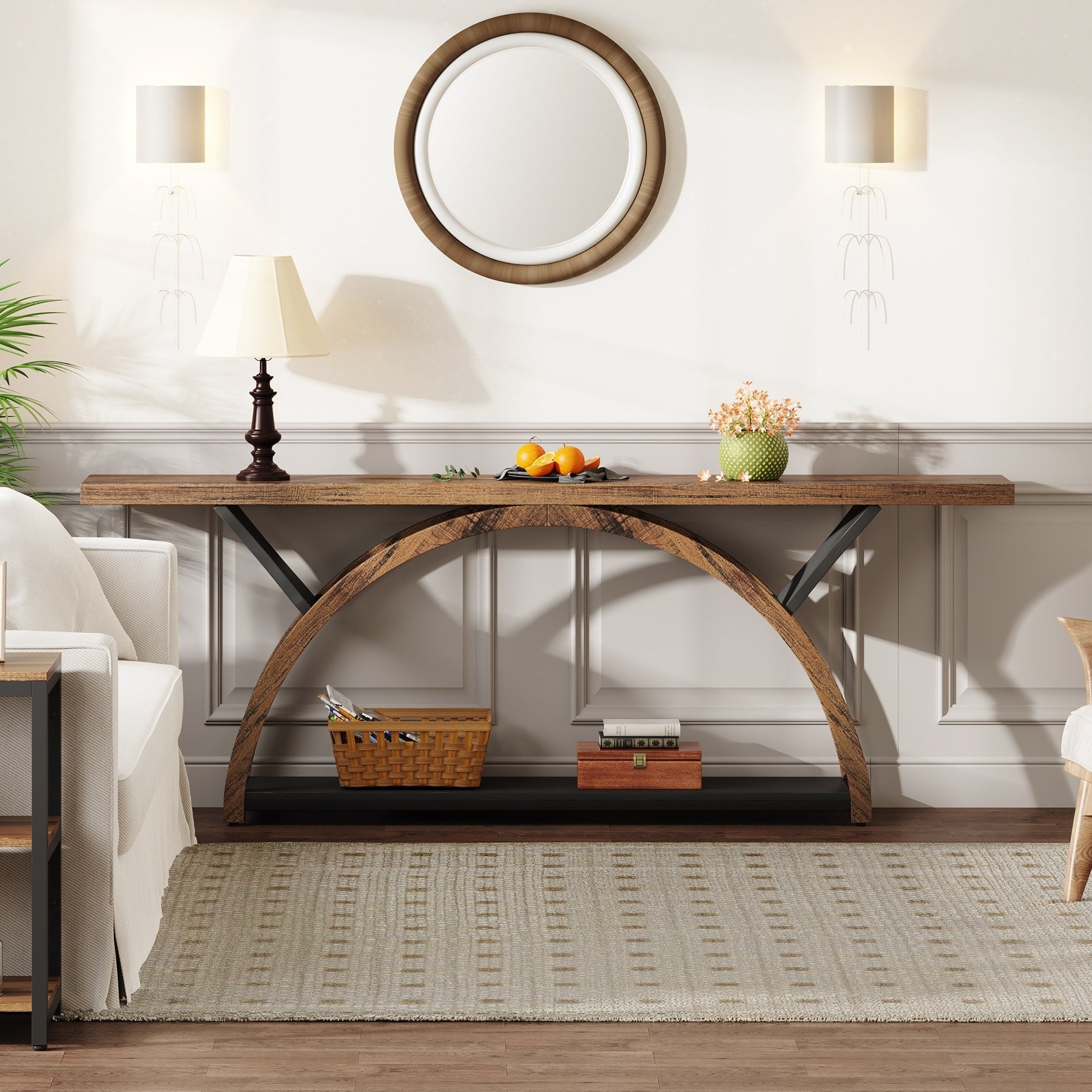 Console étroite à deux niveaux avec cadre semi-circulaire pour entrée, tables d'appoint de couloir grises