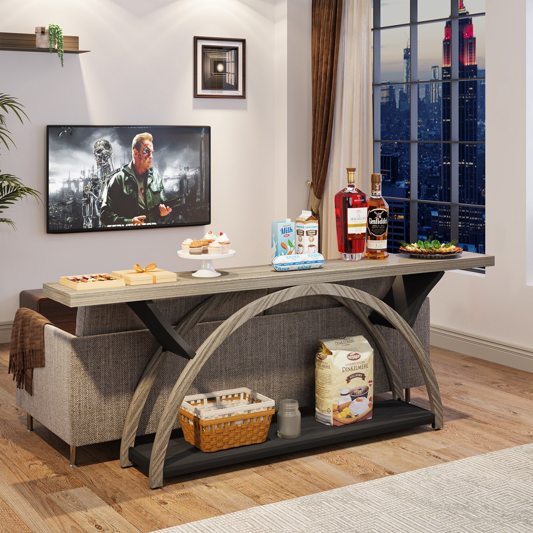 Console étroite à deux niveaux avec cadre semi-circulaire pour entrée, tables d'appoint de couloir grises