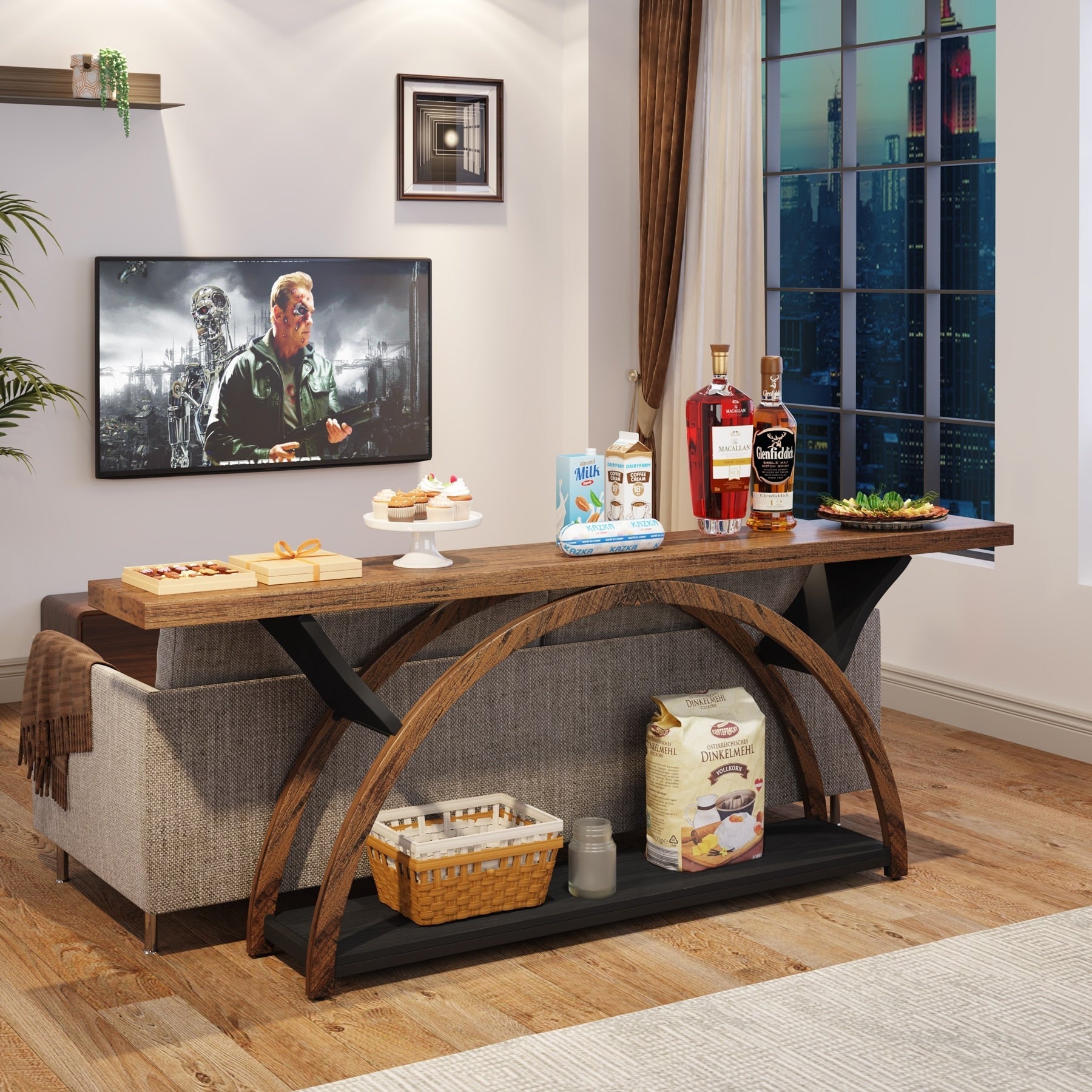 Console étroite à deux niveaux avec cadre semi-circulaire pour entrée, tables d'appoint de couloir grises