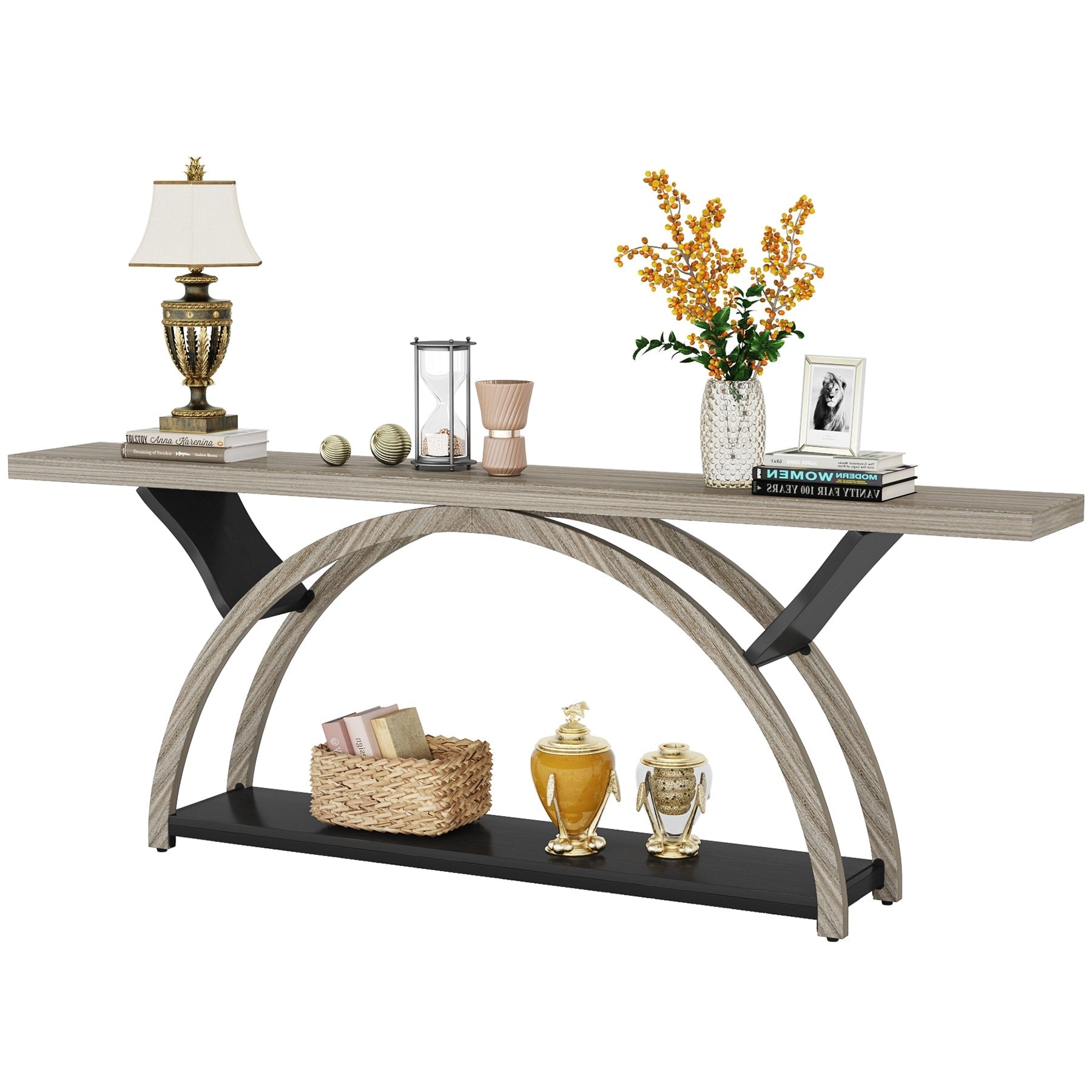 Console étroite à deux niveaux avec cadre semi-circulaire pour entrée, tables d'appoint de couloir grises