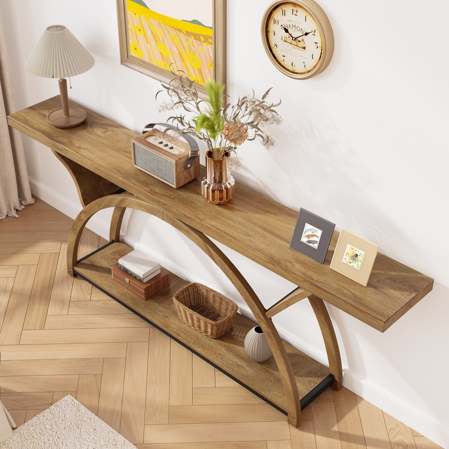 Console étroite à deux niveaux avec cadre semi-circulaire pour entrée, tables d'appoint de couloir grises