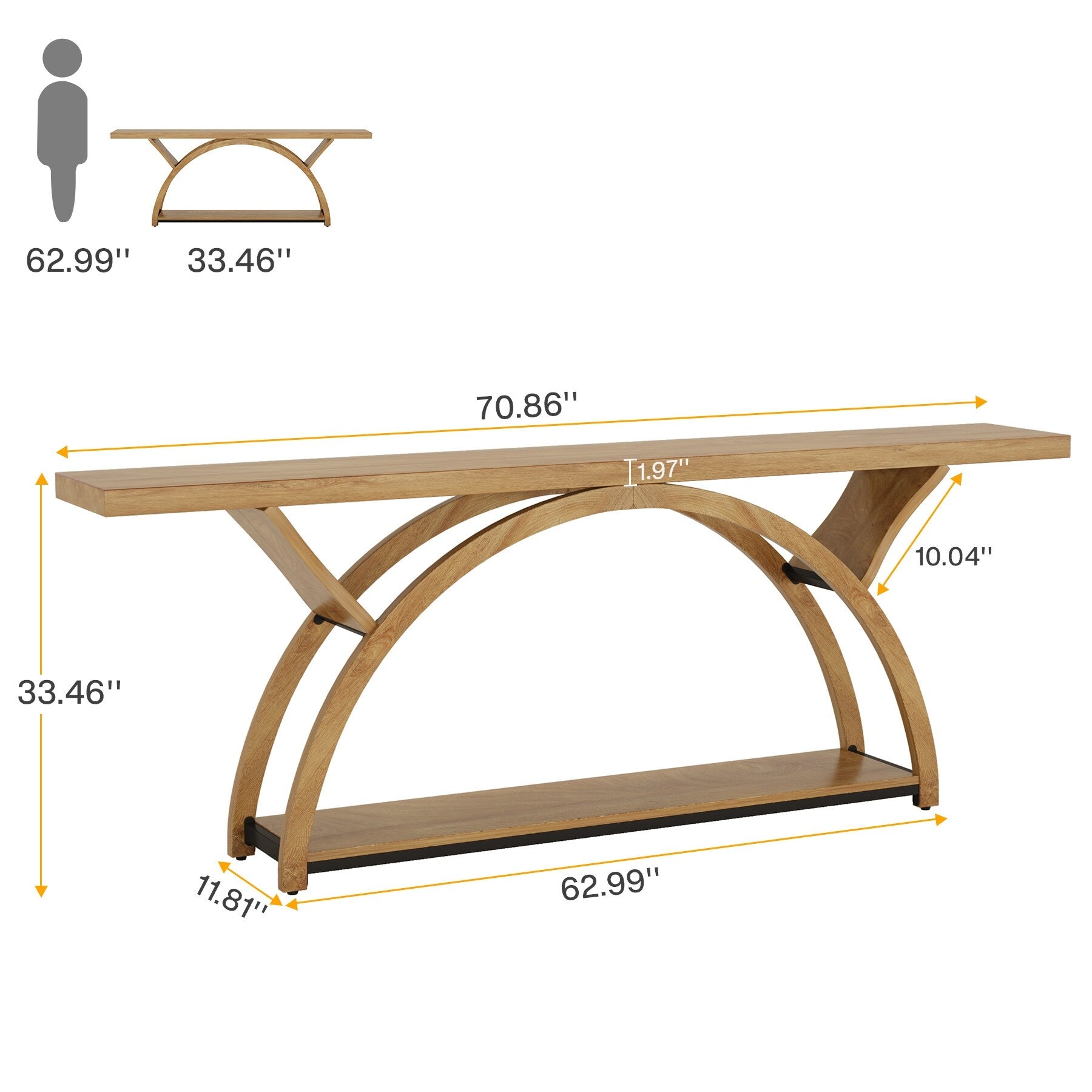 Console étroite à deux niveaux avec cadre semi-circulaire pour entrée, tables d'appoint de couloir grises