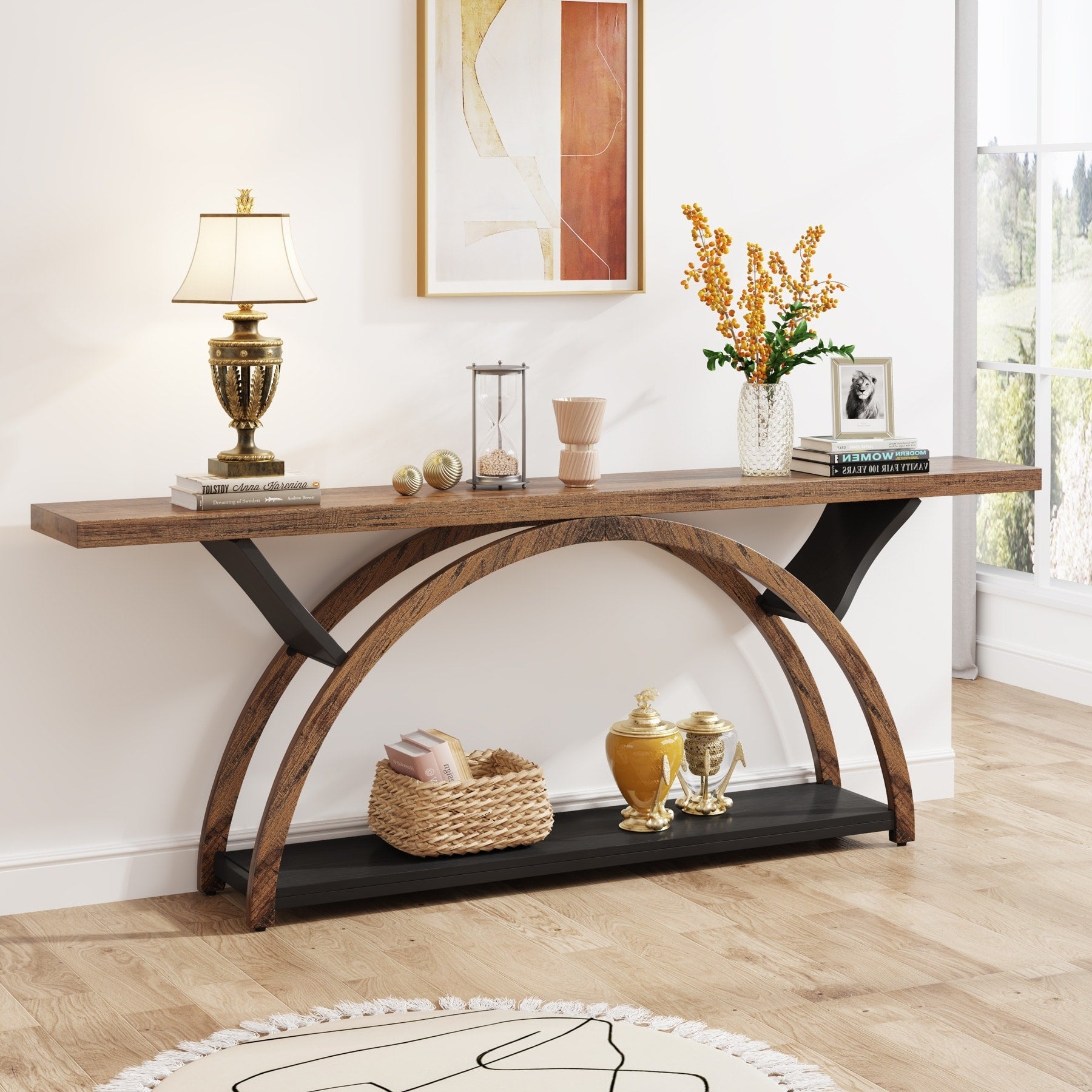 Console étroite à deux niveaux avec cadre semi-circulaire pour entrée, tables d'appoint de couloir grises