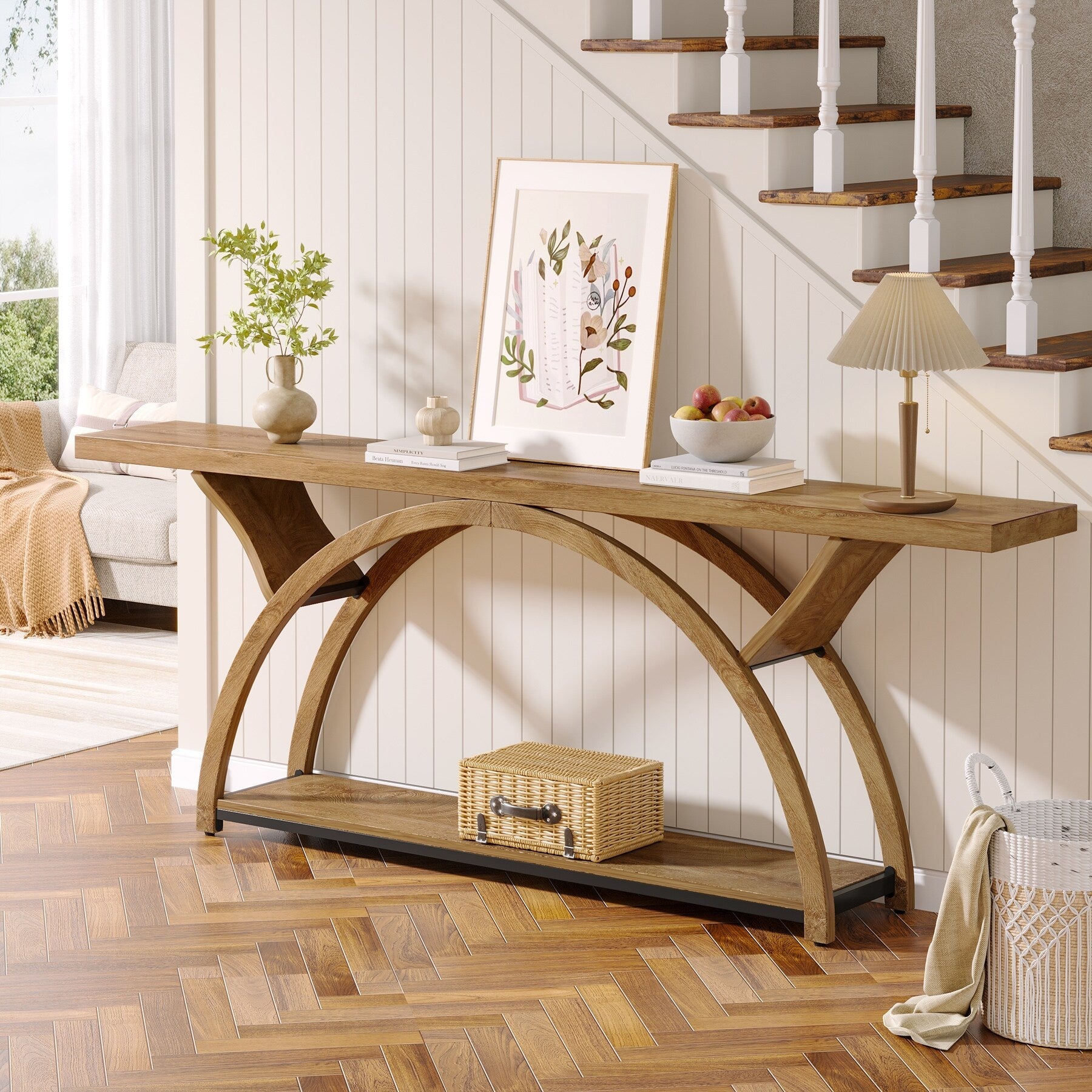 Console étroite à deux niveaux avec cadre semi-circulaire pour entrée, tables d'appoint de couloir grises