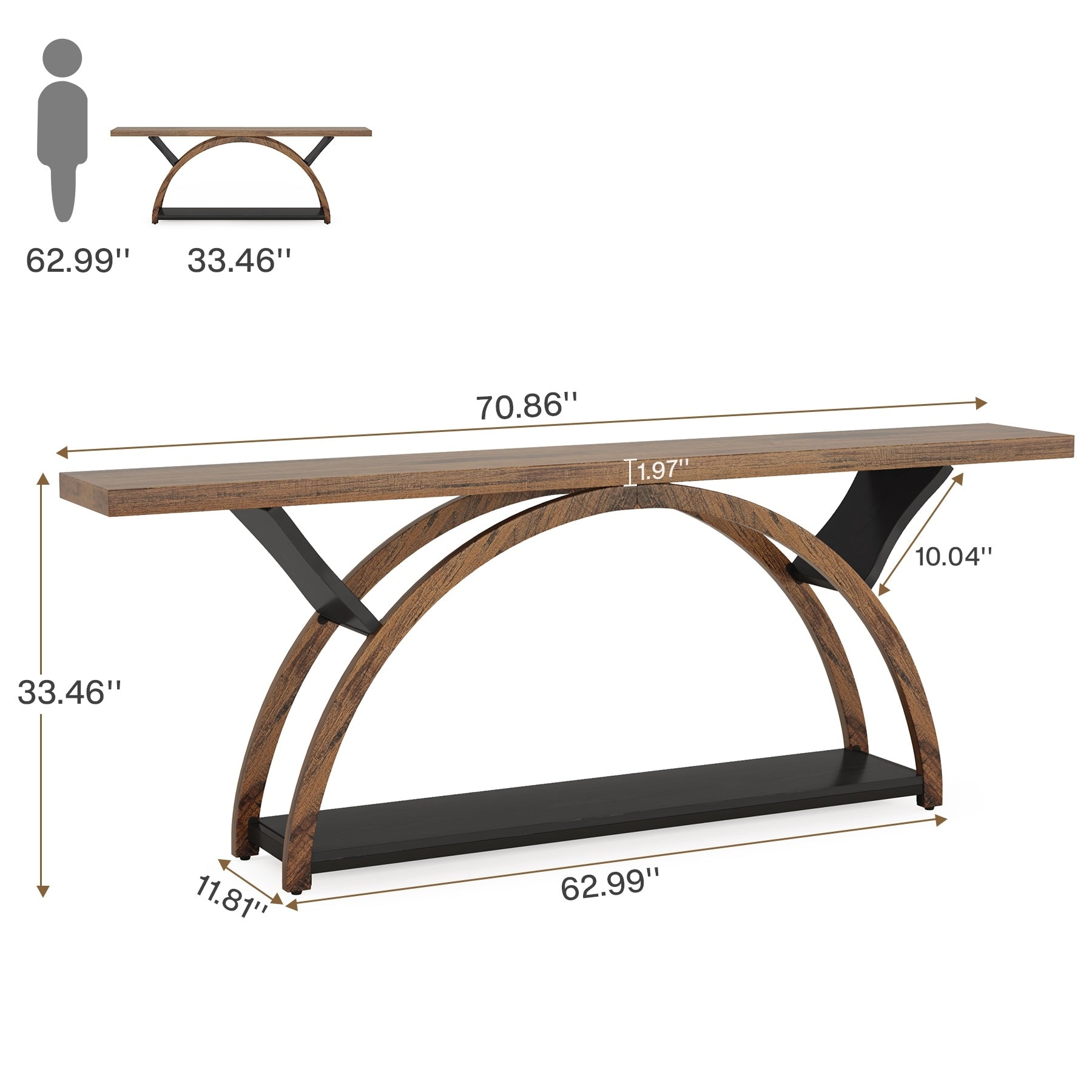 Console étroite à deux niveaux avec cadre semi-circulaire pour entrée, tables d'appoint de couloir grises