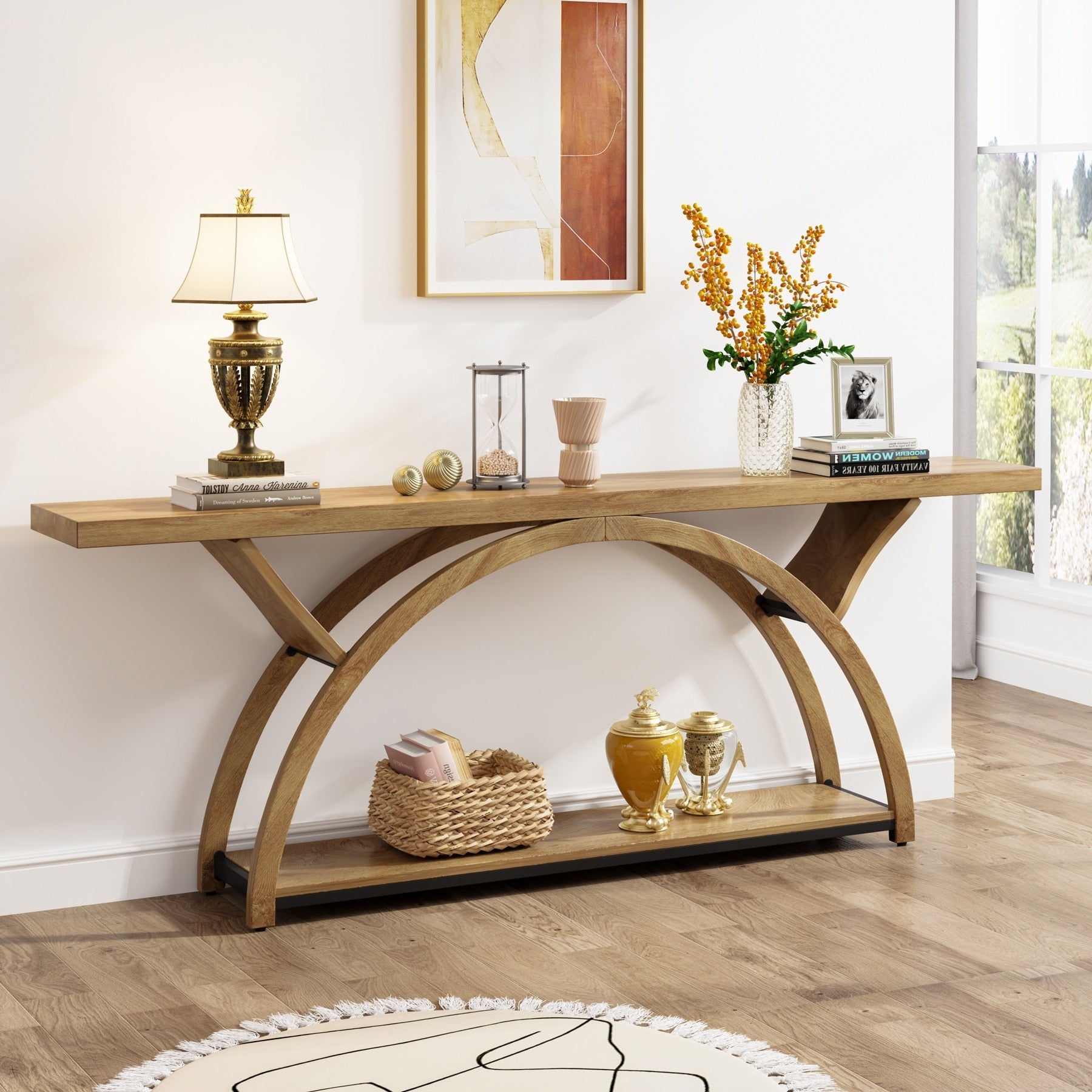 Console étroite à deux niveaux avec cadre semi-circulaire pour entrée, tables d'appoint de couloir grises
