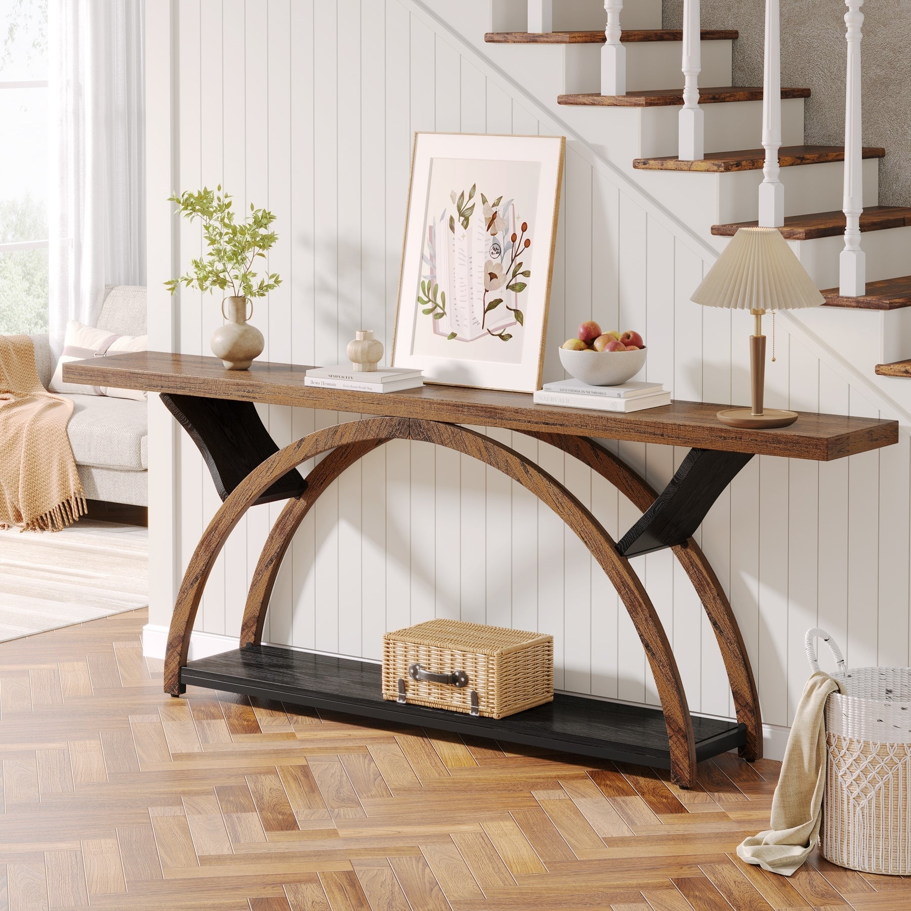 Console étroite à deux niveaux avec cadre semi-circulaire pour entrée, tables d'appoint de couloir grises