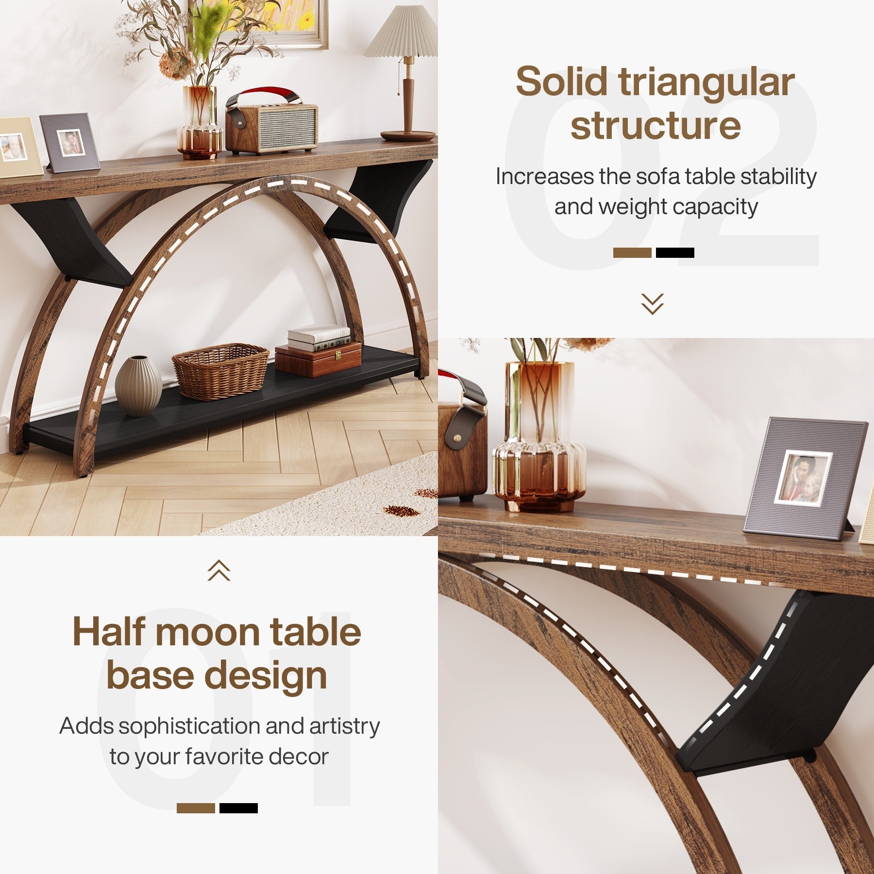 Console étroite à deux niveaux avec cadre semi-circulaire pour entrée, tables d'appoint de couloir grises