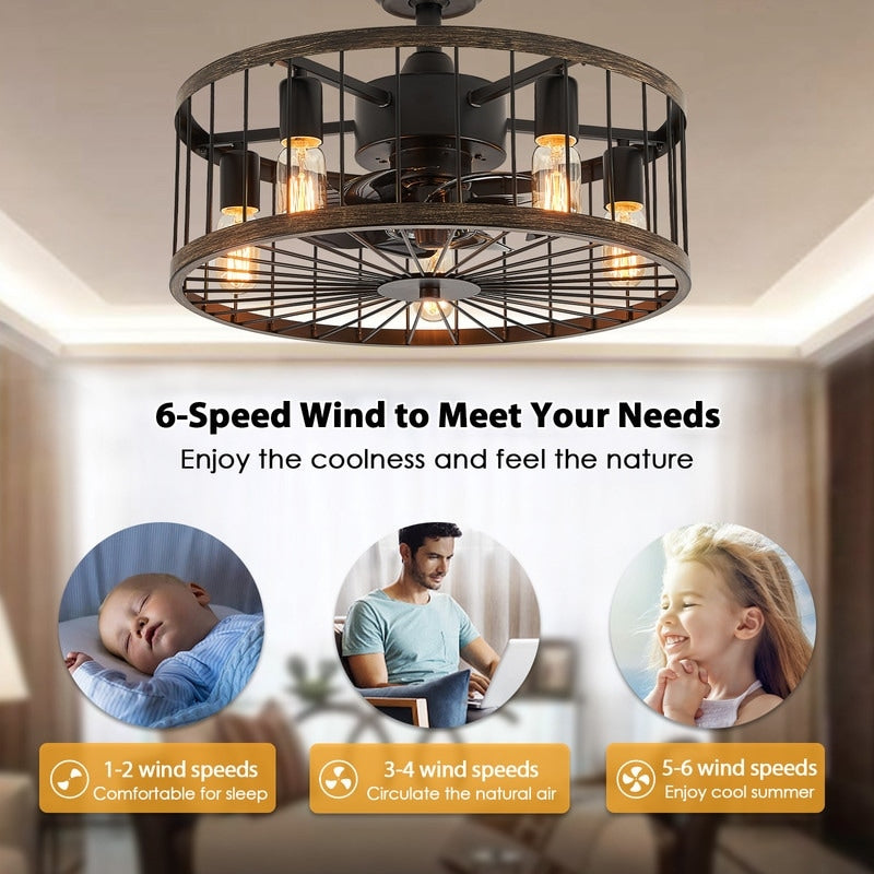 Ventilateur de plafond à profil bas de 20 po, style ferme moderne, finition bois, avec éclairage et télécommande
