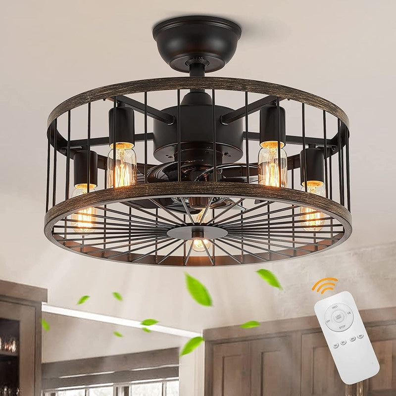 Ventilateur de plafond à profil bas de 20 po, style ferme moderne, finition bois, avec éclairage et télécommande