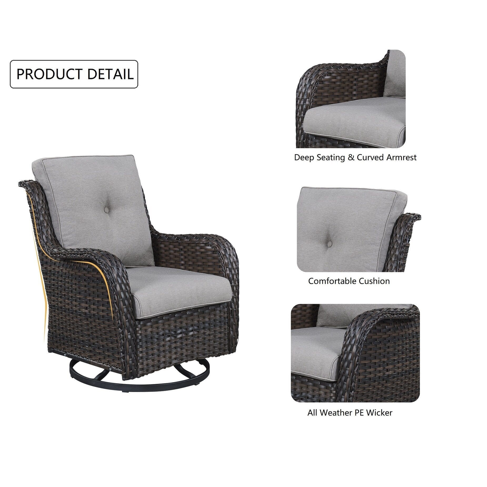 Fauteuil à bascule pivotant d'extérieur Gymojoy 3 pièces en osier avec coussin et table