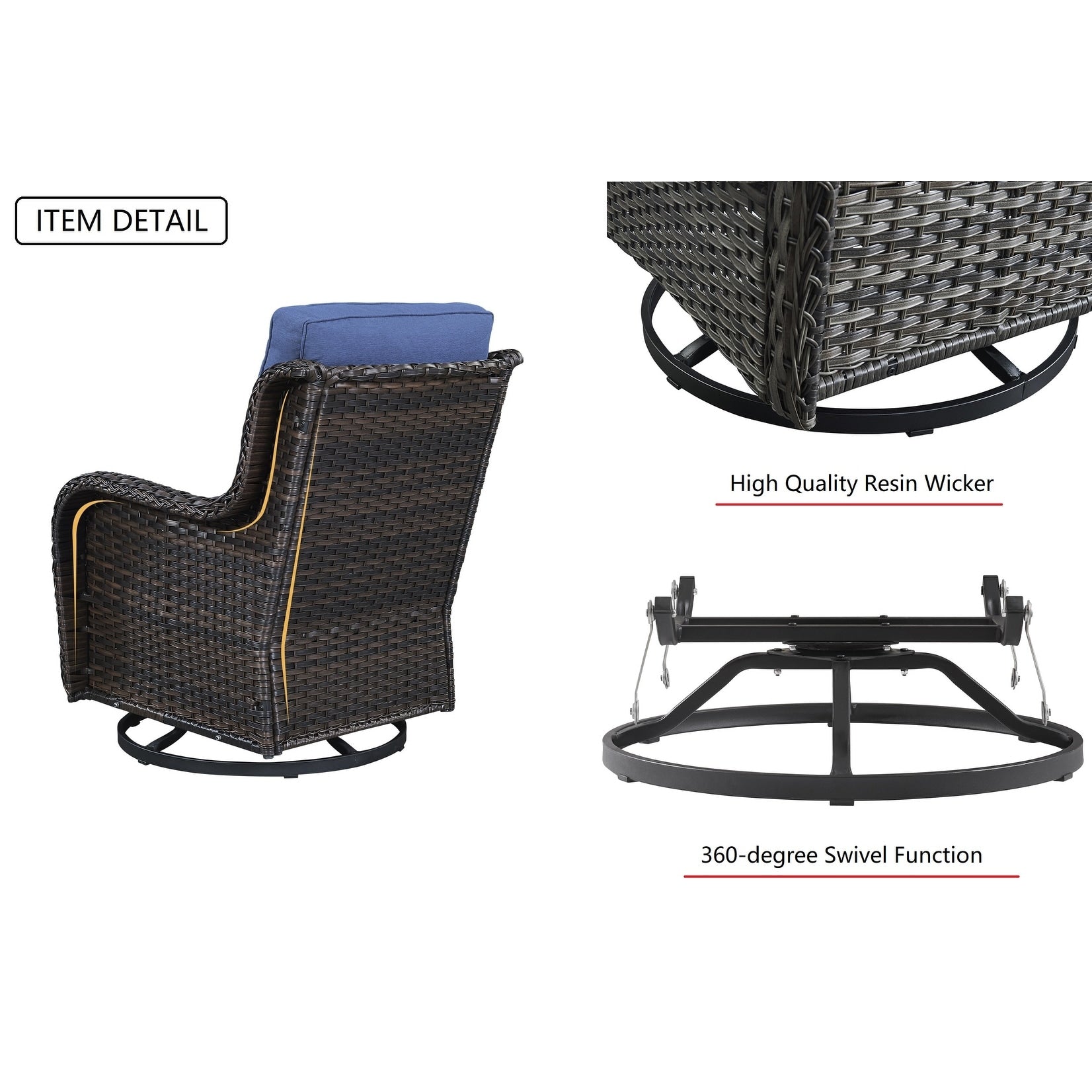 Fauteuil à bascule pivotant d'extérieur Gymojoy 3 pièces en osier avec coussin et table