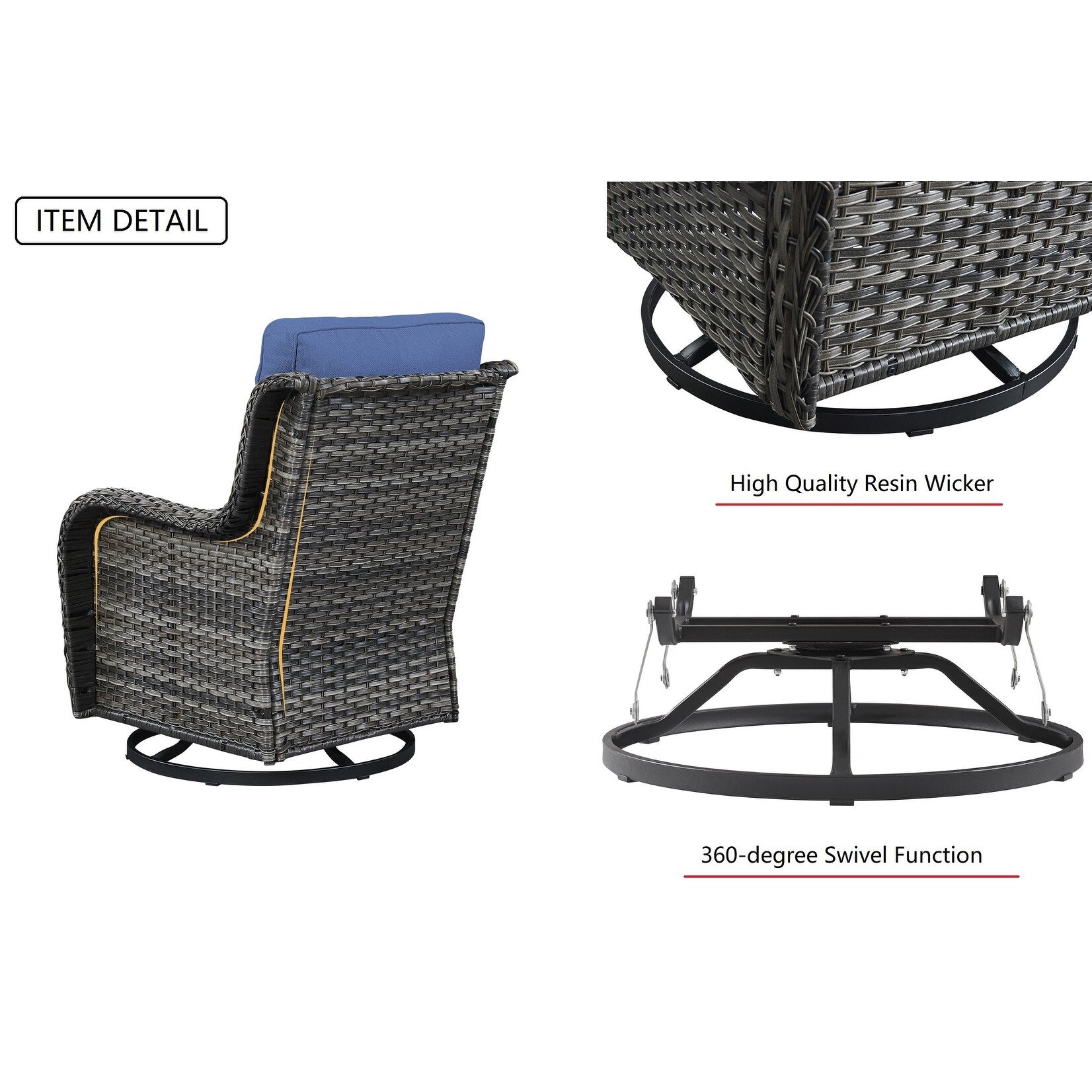 Fauteuil à bascule pivotant d'extérieur Gymojoy 3 pièces en osier avec coussin et table