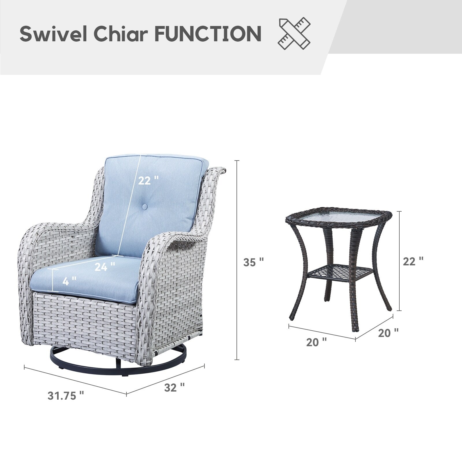 Fauteuil à bascule pivotant d'extérieur Gymojoy 3 pièces en osier avec coussin et table