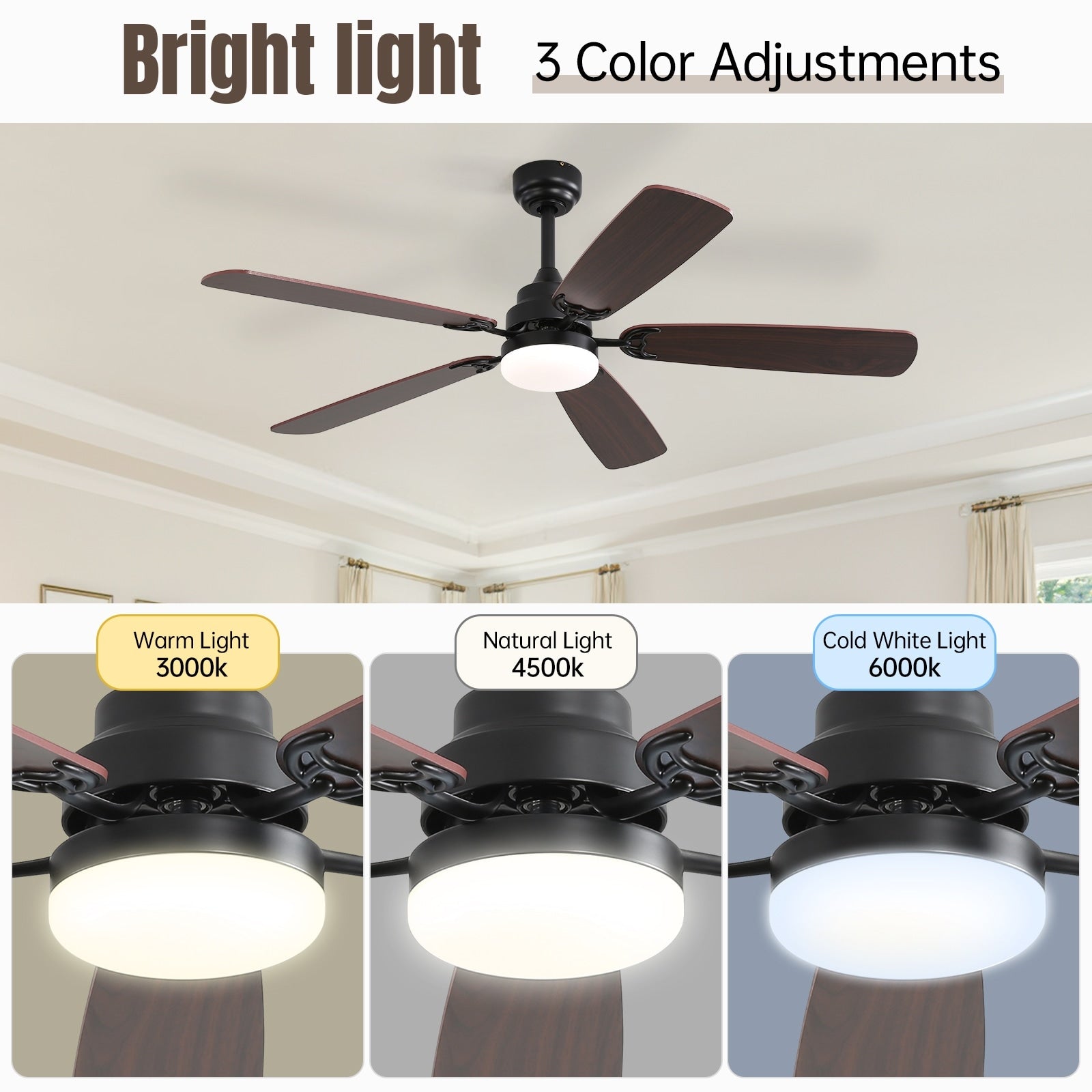 Ventilateur de plafond à LED intégré 48 et 52 pouces avec lumière et télécommande, moteur CC réversible