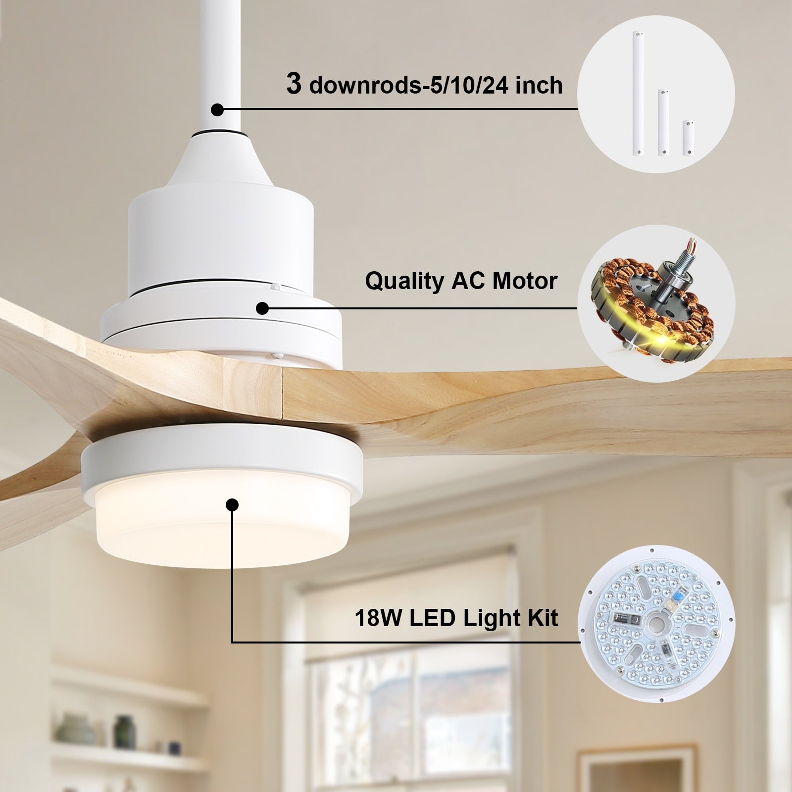 Ventilateur de plafond à LED intégré 48 et 52 pouces avec lumière et télécommande, moteur CC réversible