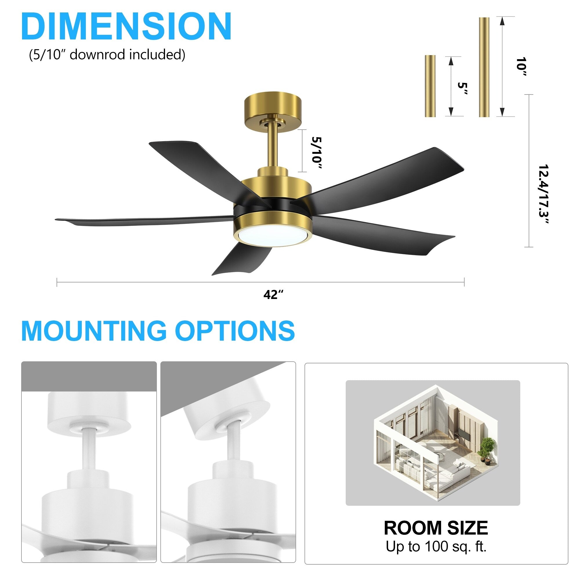 Ventilateur de plafond LED Breezary 65/52/42 à 5 pales avec kit d'éclairage et télécommande