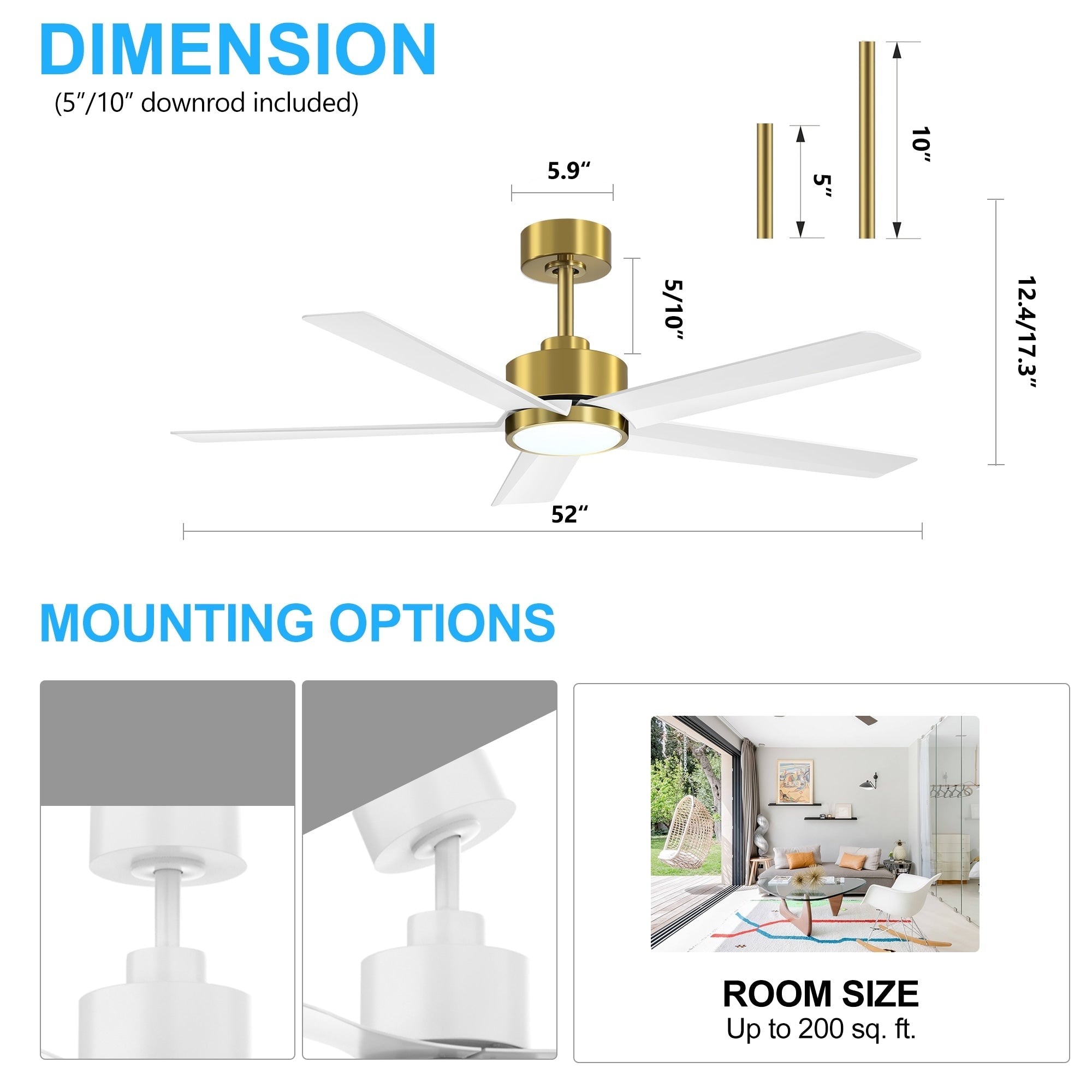 Ventilateur de plafond LED Breezary 65/52/42 à 5 pales avec kit d'éclairage et télécommande