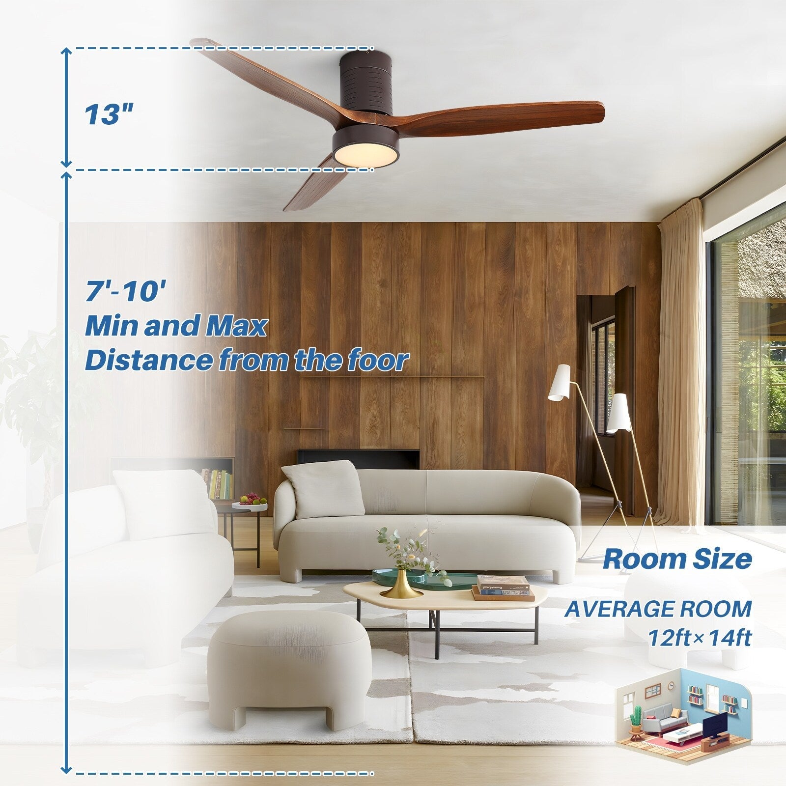Ventilateur de plafond encastré de style campagnard de 52 pouces avec éclairage et télécommande, moteur CC réversible