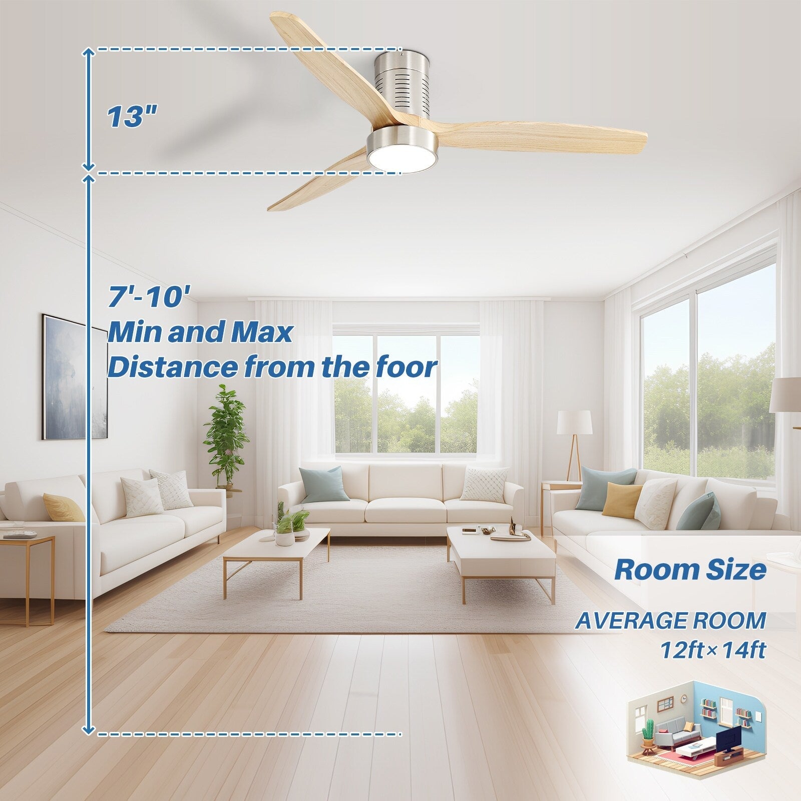 Ventilateur de plafond encastré de style campagnard de 52 pouces avec éclairage et télécommande, moteur CC réversible