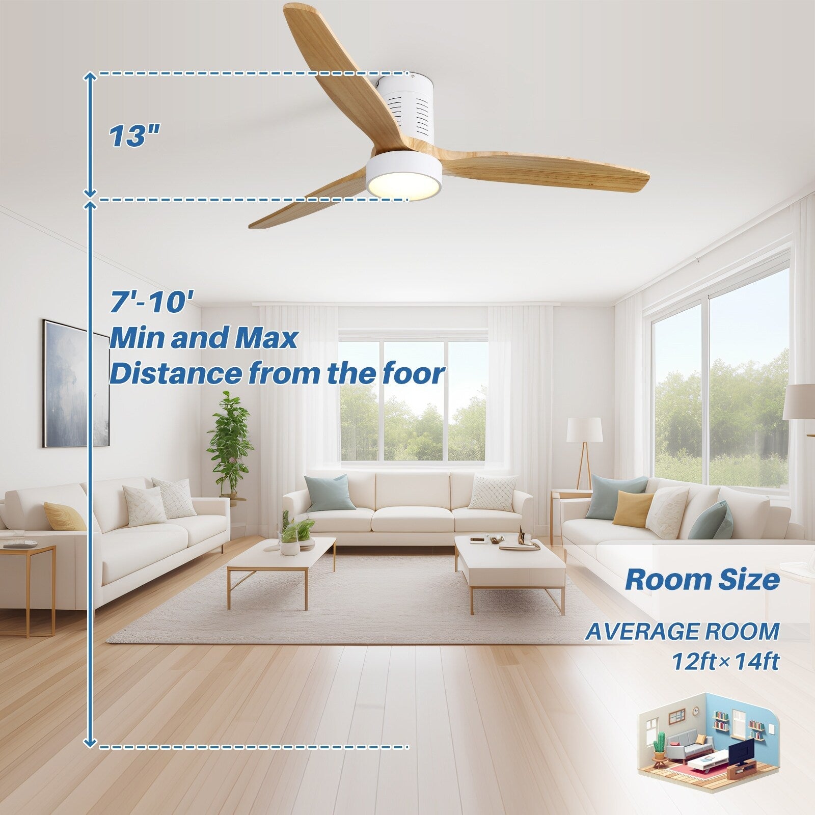 Ventilateur de plafond encastré de style campagnard de 52 pouces avec éclairage et télécommande, moteur CC réversible