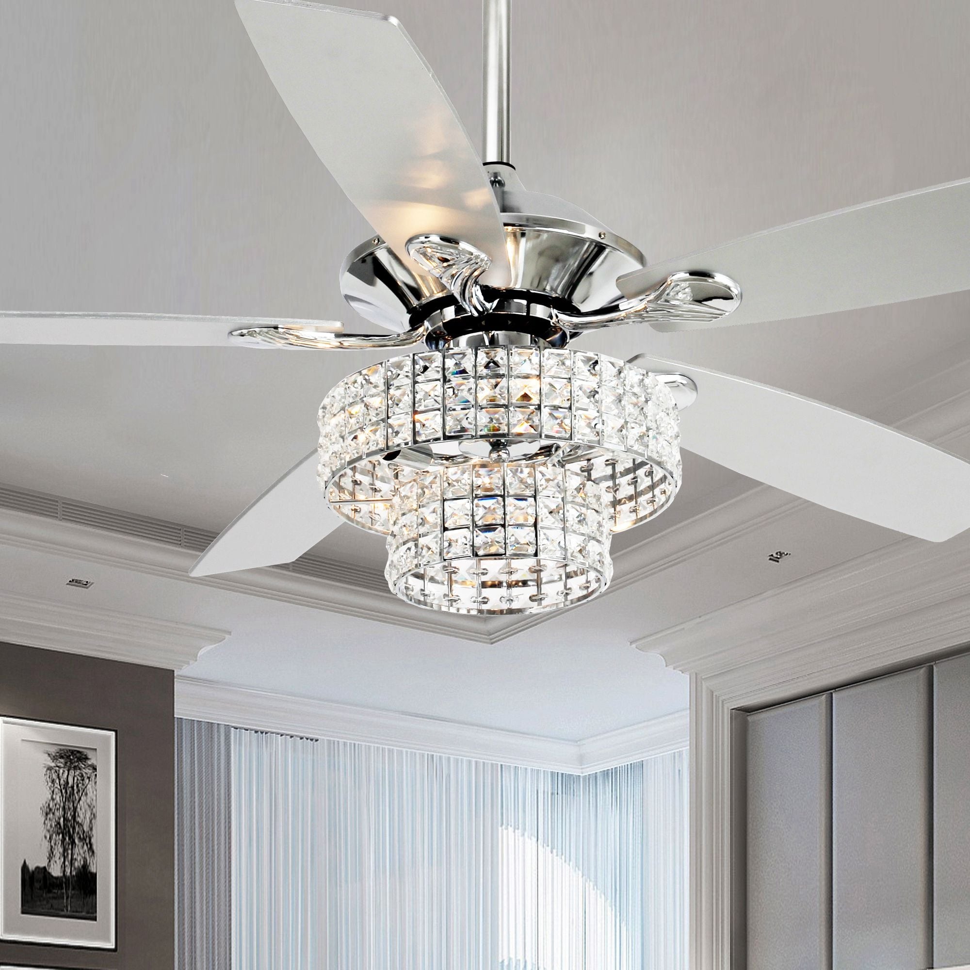 Ventilateur de plafond moderne en cristal et bois chromé de 52 pouces, 5 pales, avec télécommande
