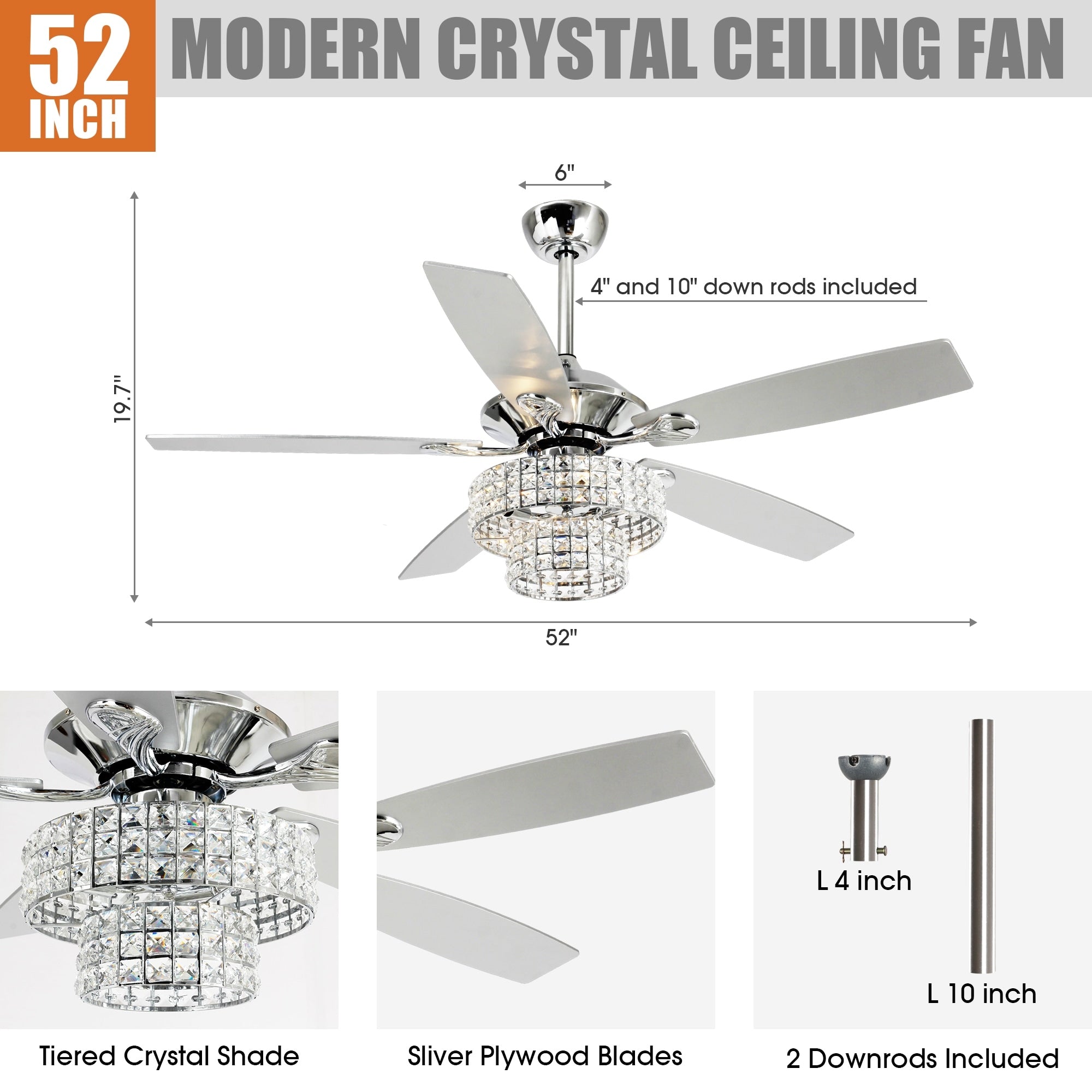 Ventilateur de plafond moderne en cristal et bois chromé de 52 pouces, 5 pales, avec télécommande