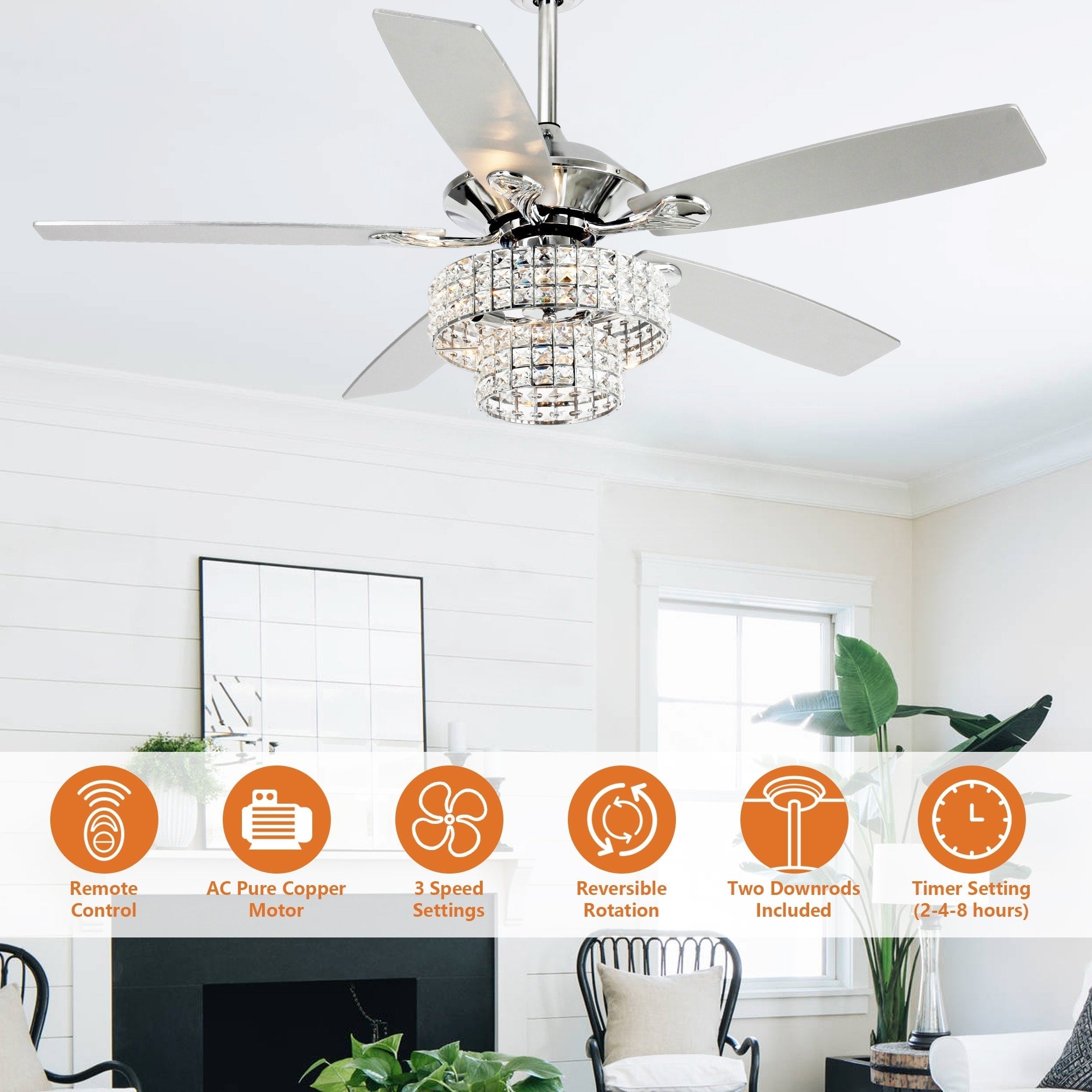 Ventilateur de plafond moderne en cristal et bois chromé de 52 pouces, 5 pales, avec télécommande