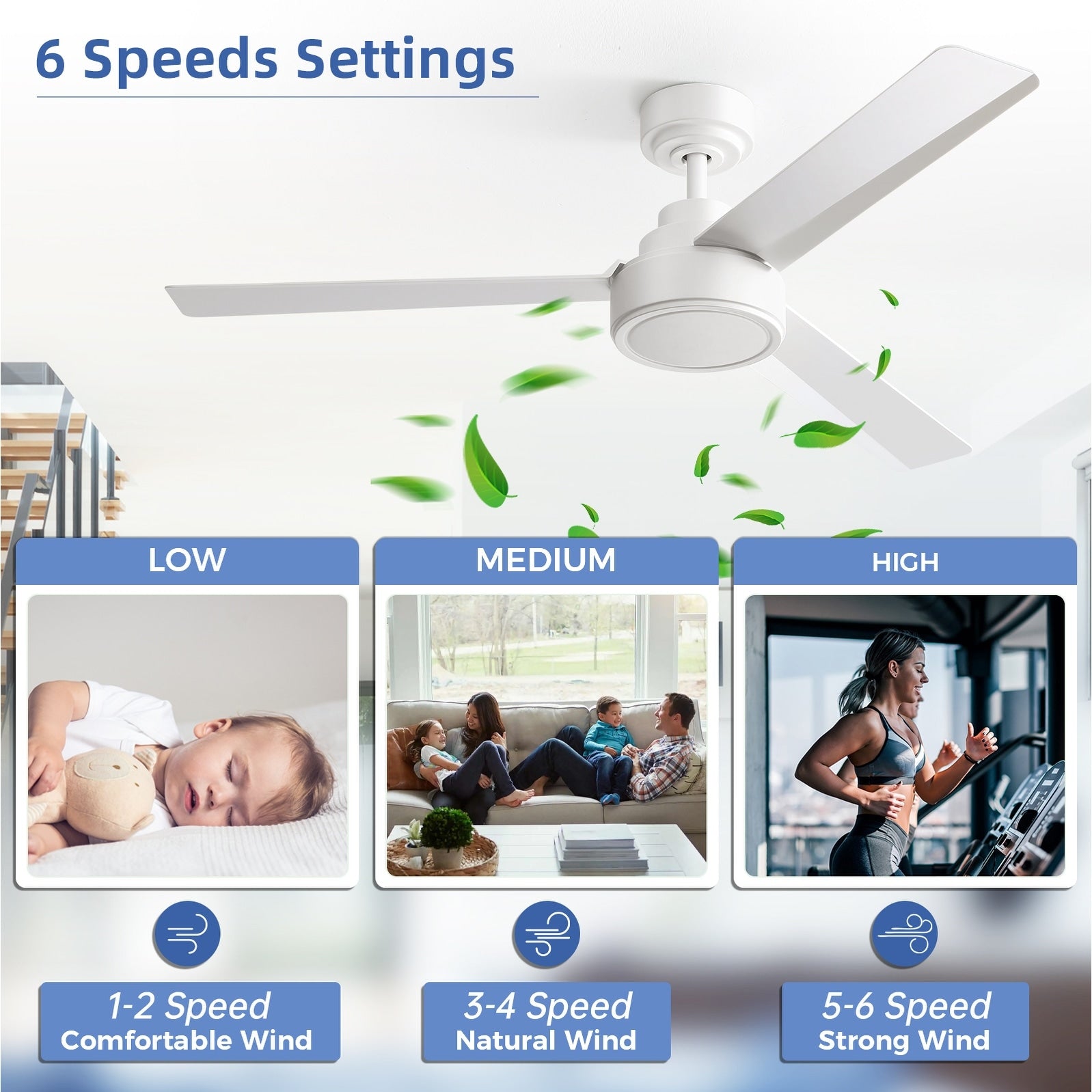 Ventilateur de plafond moderne en bois massif/ABS de 52 pouces avec télécommande (sans lumière), 6 vitesses de vent, flux d'air réversible