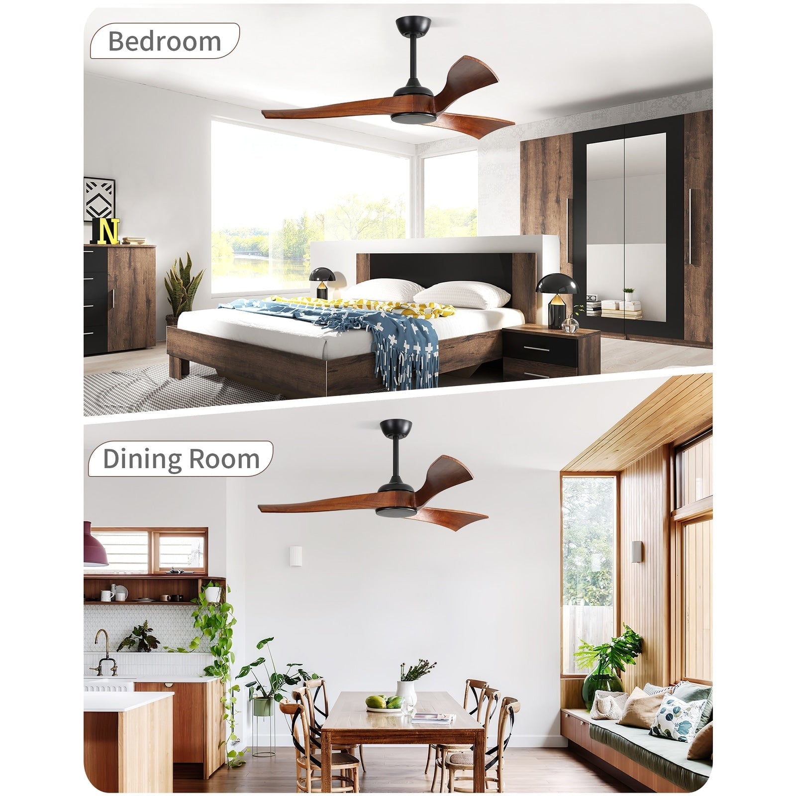 Ventilateur de plafond moderne en bois massif/ABS de 52 pouces avec télécommande (sans lumière), 6 vitesses de vent, flux d'air réversible