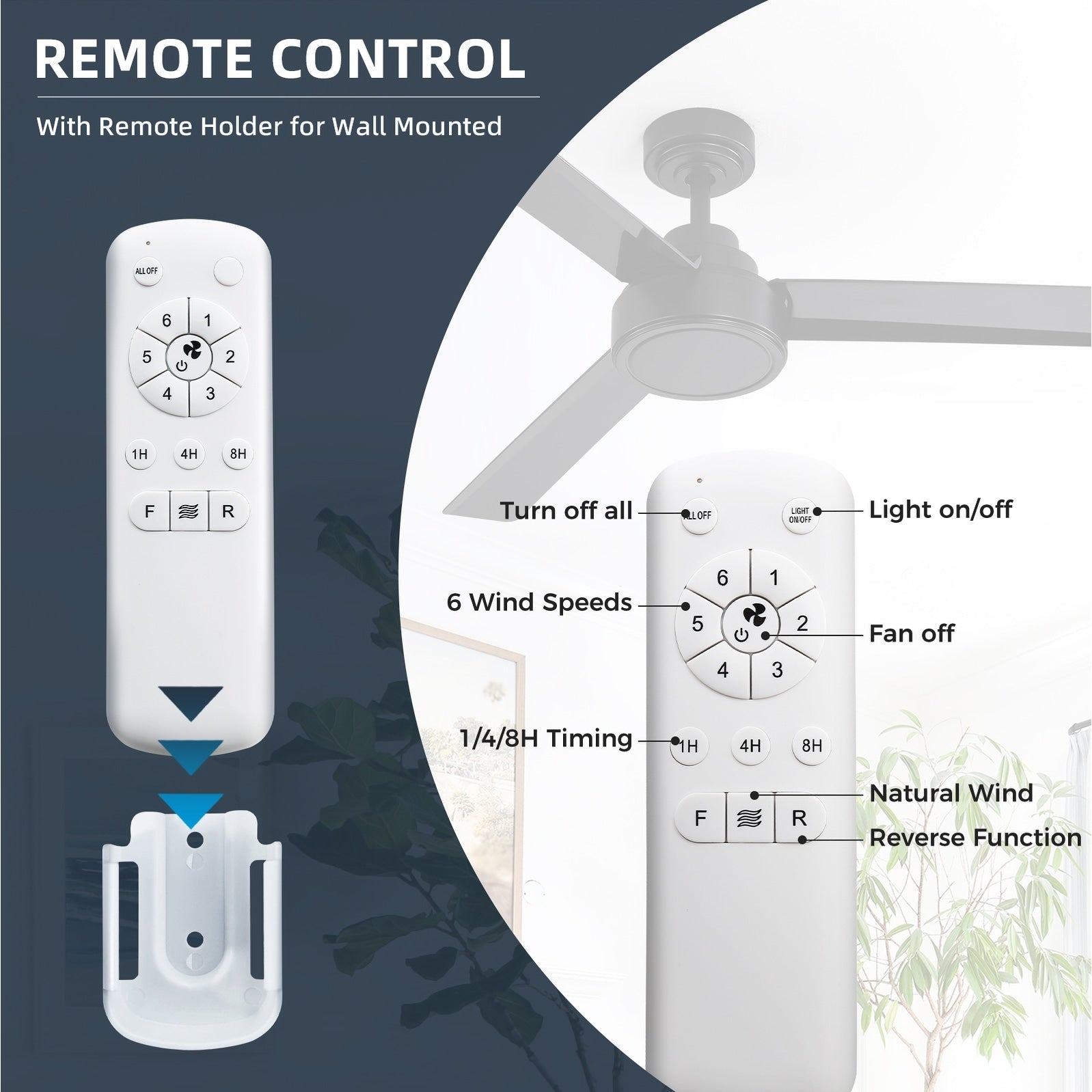 Ventilateur de plafond moderne en bois massif/ABS de 52 pouces avec télécommande (sans lumière), 6 vitesses de vent, flux d'air réversible