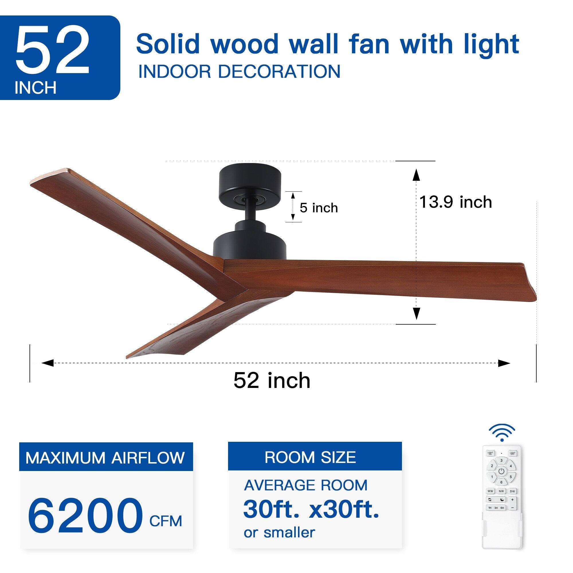 Ventilateur de plafond moderne en bois massif/ABS de 52 pouces avec télécommande (sans lumière), 6 vitesses de vent, flux d'air réversible