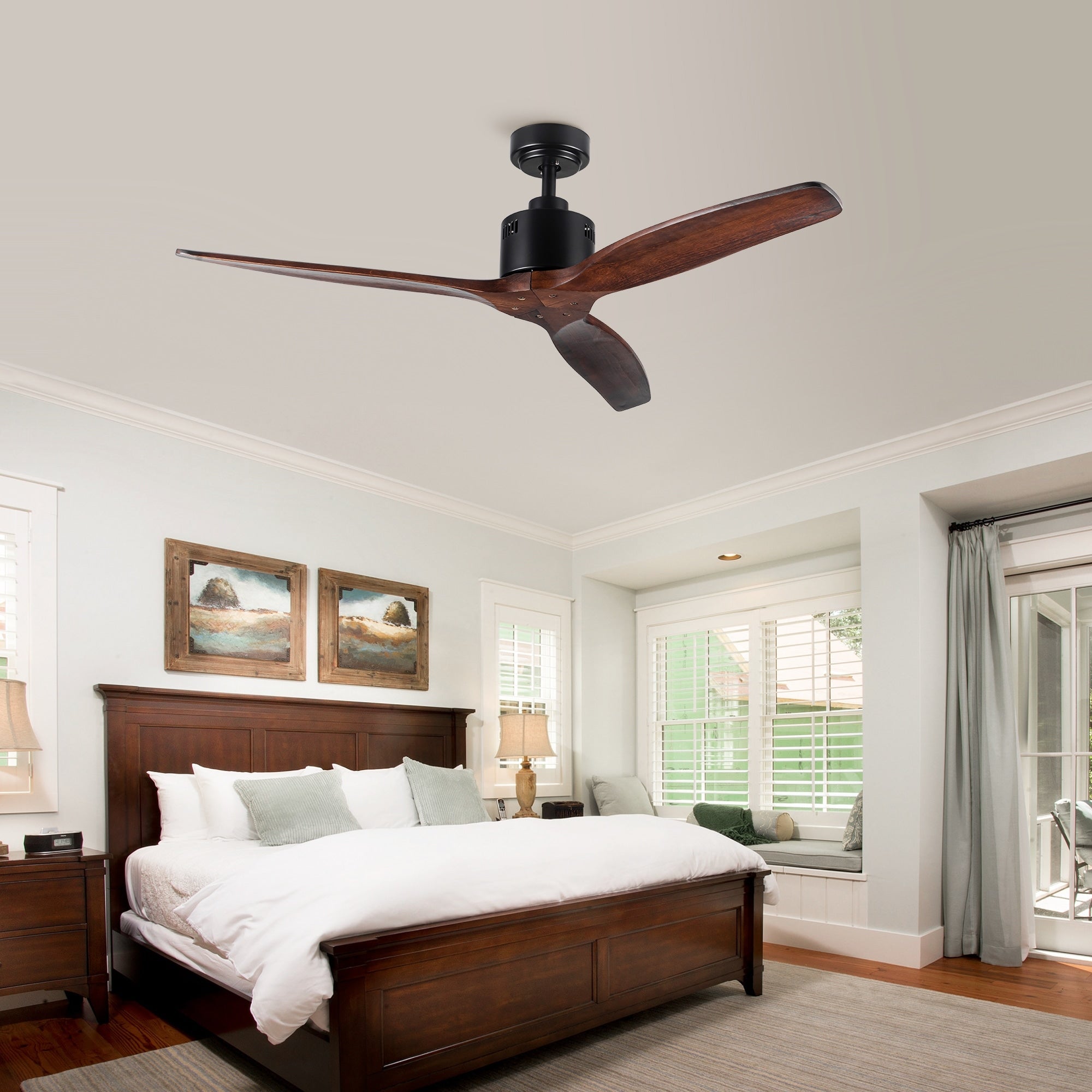 Ventilateur de plafond moderne en bois massif/ABS de 52 pouces avec télécommande (sans lumière), 6 vitesses de vent, flux d'air réversible
