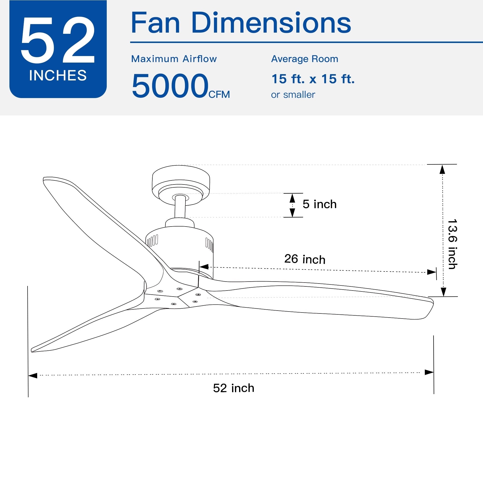 Ventilateur de plafond moderne en bois massif/ABS de 52 pouces avec télécommande (sans lumière), 6 vitesses de vent, flux d'air réversible