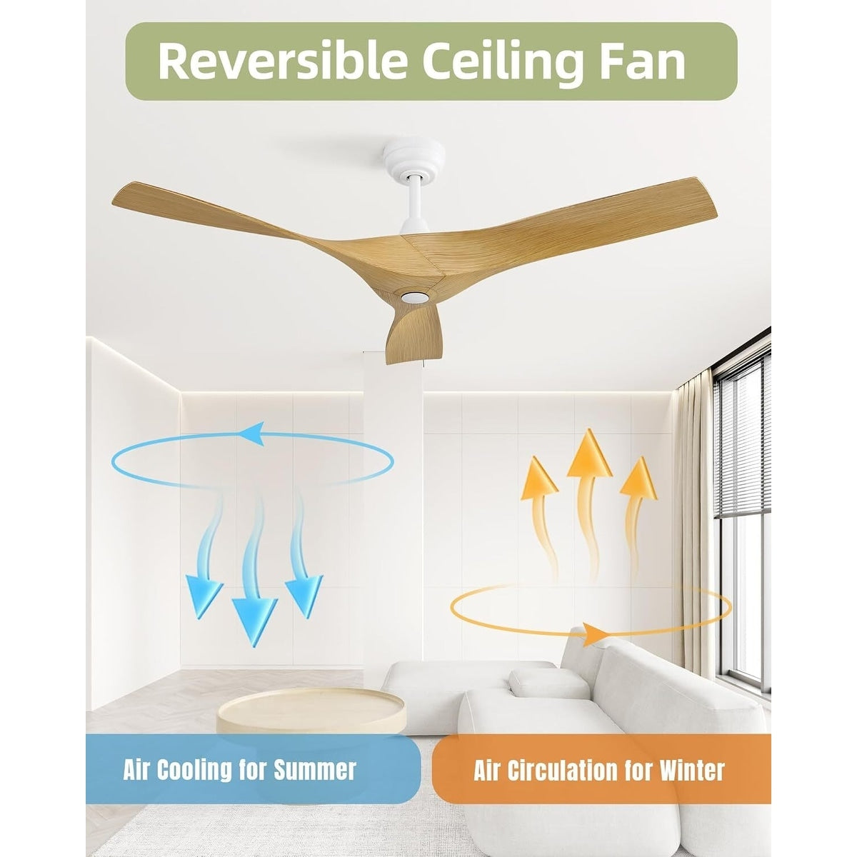 Ventilateur de plafond moderne en bois massif/ABS de 52 pouces avec télécommande (sans lumière), 6 vitesses de vent, flux d'air réversible