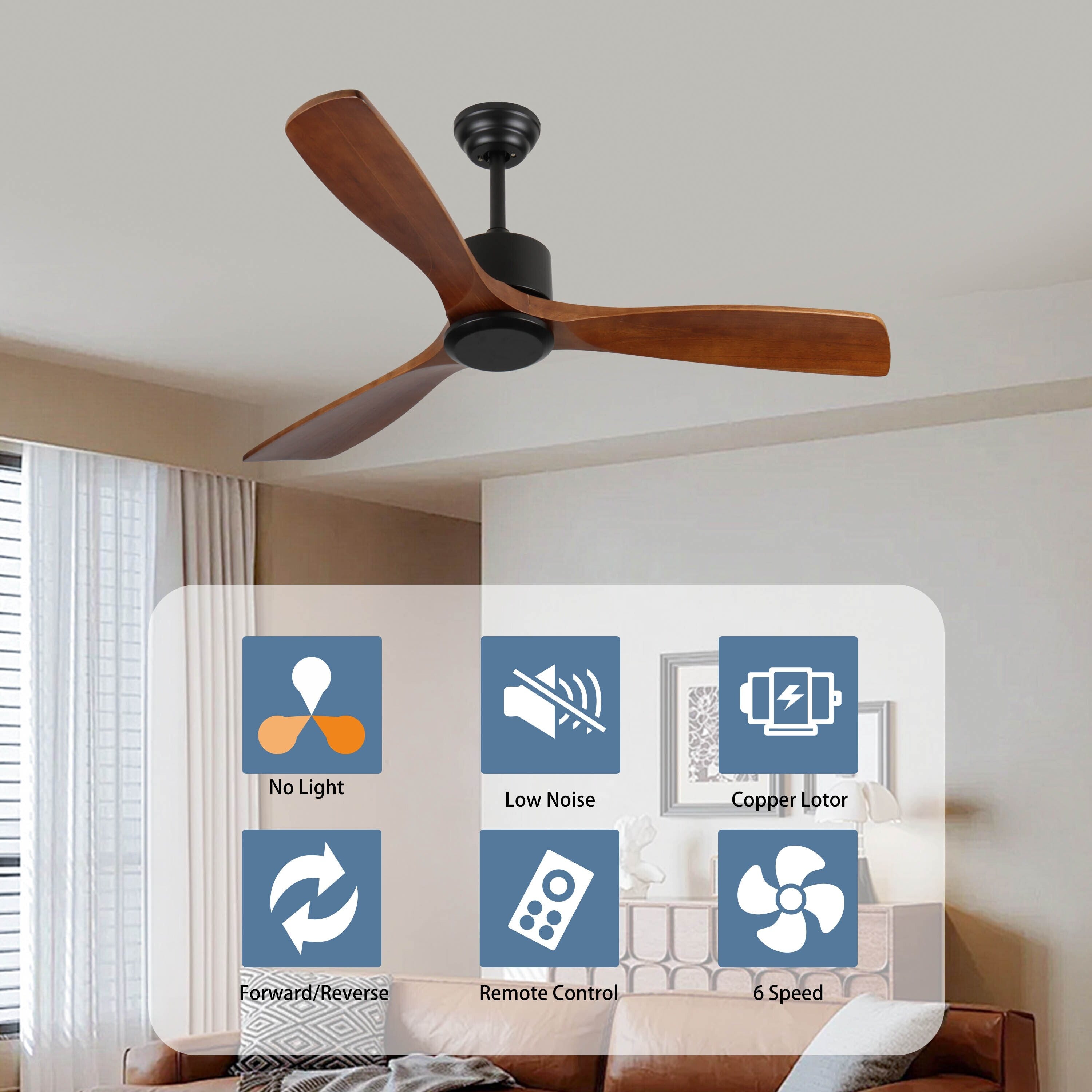 Ventilateur de plafond moderne en bois massif/ABS de 52 pouces avec télécommande (sans lumière), 6 vitesses de vent, flux d'air réversible