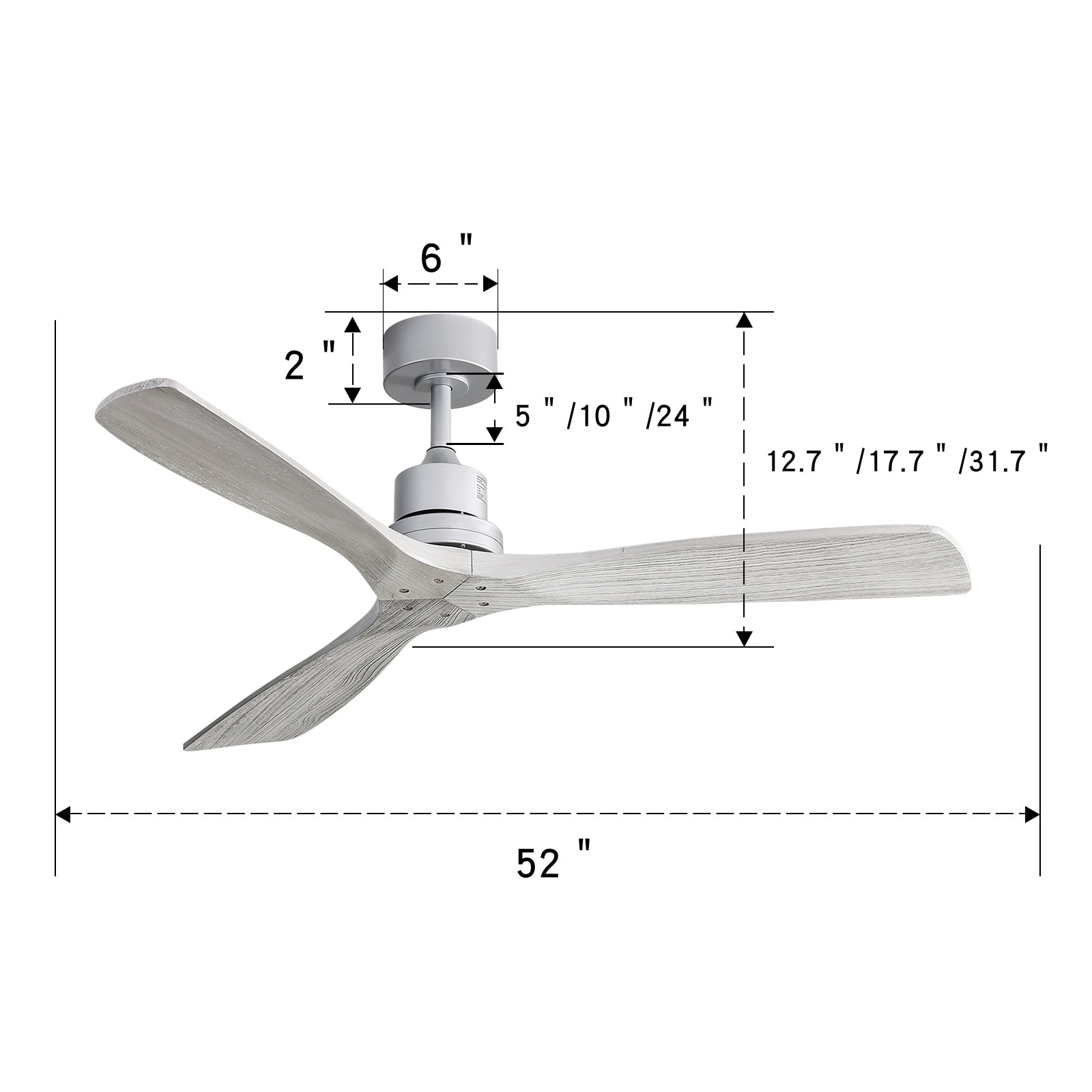Ventilateur de plafond moderne en bois massif/ABS de 52 pouces avec télécommande (sans lumière), 6 vitesses de vent, flux d'air réversible