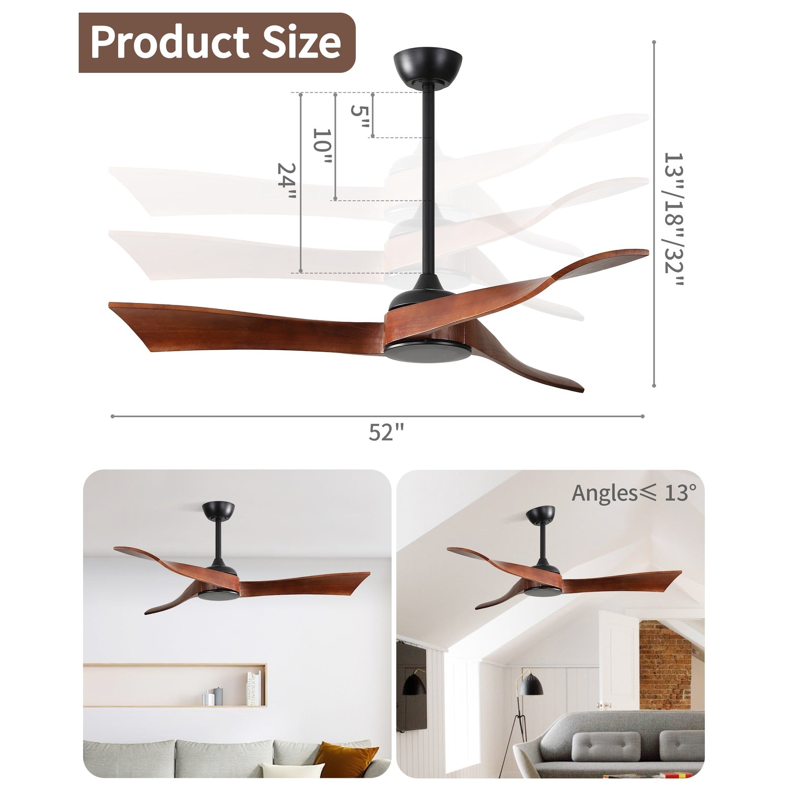 Ventilateur de plafond moderne en bois massif/ABS de 52 pouces avec télécommande (sans lumière), 6 vitesses de vent, flux d'air réversible