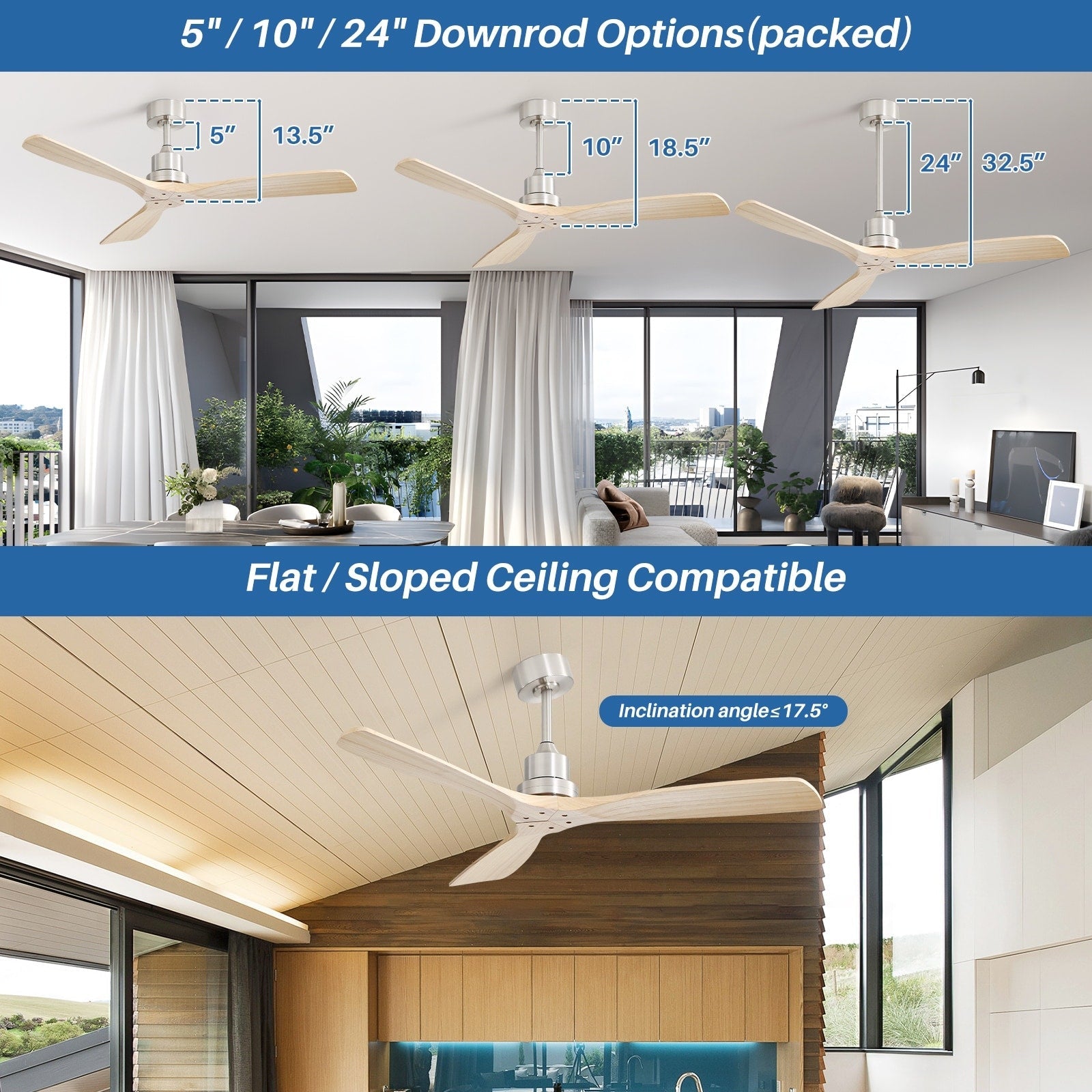Ventilateur de plafond moderne en bois massif/ABS de 52 pouces avec télécommande (sans lumière), 6 vitesses de vent, flux d'air réversible