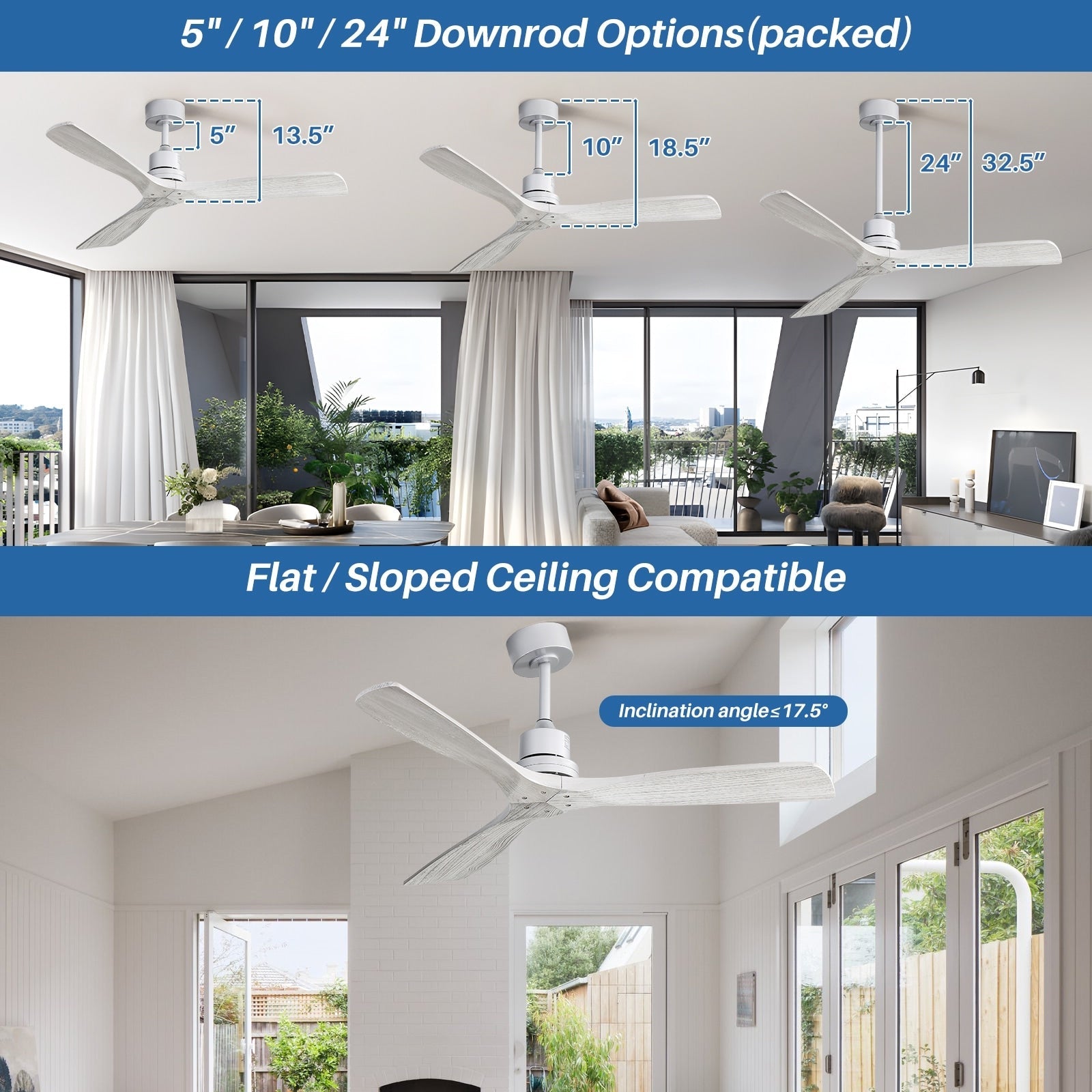 Ventilateur de plafond moderne en bois massif/ABS de 52 pouces avec télécommande (sans lumière), 6 vitesses de vent, flux d'air réversible