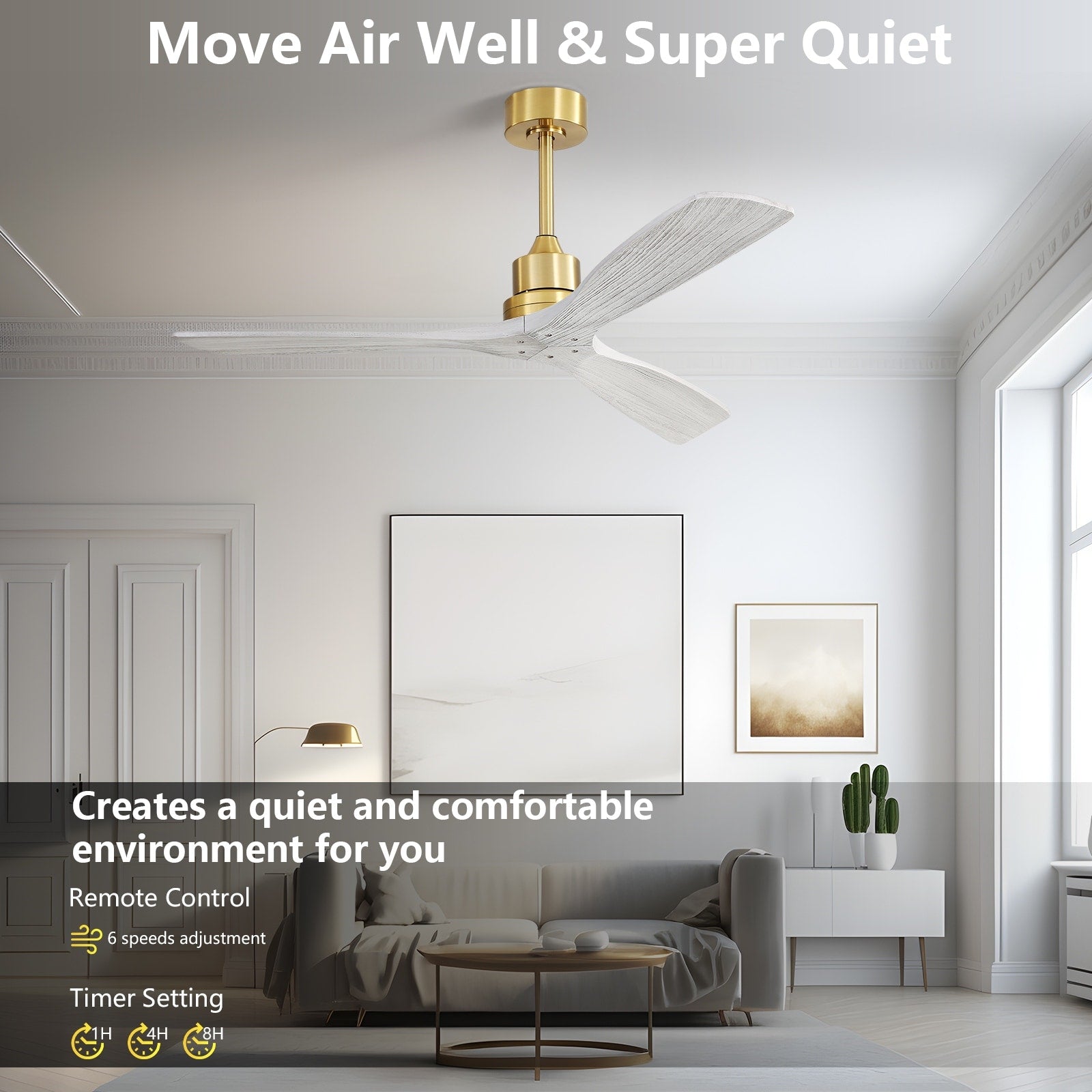 Ventilateur de plafond moderne en bois massif/ABS de 52 pouces avec télécommande (sans lumière), 6 vitesses de vent, flux d'air réversible