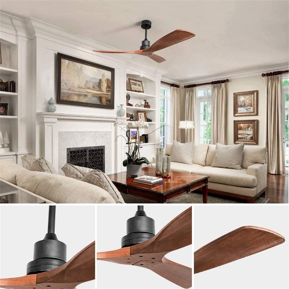 Ventilateur de plafond moderne en bois massif/ABS de 52 pouces avec télécommande (sans lumière), 6 vitesses de vent, flux d'air réversible